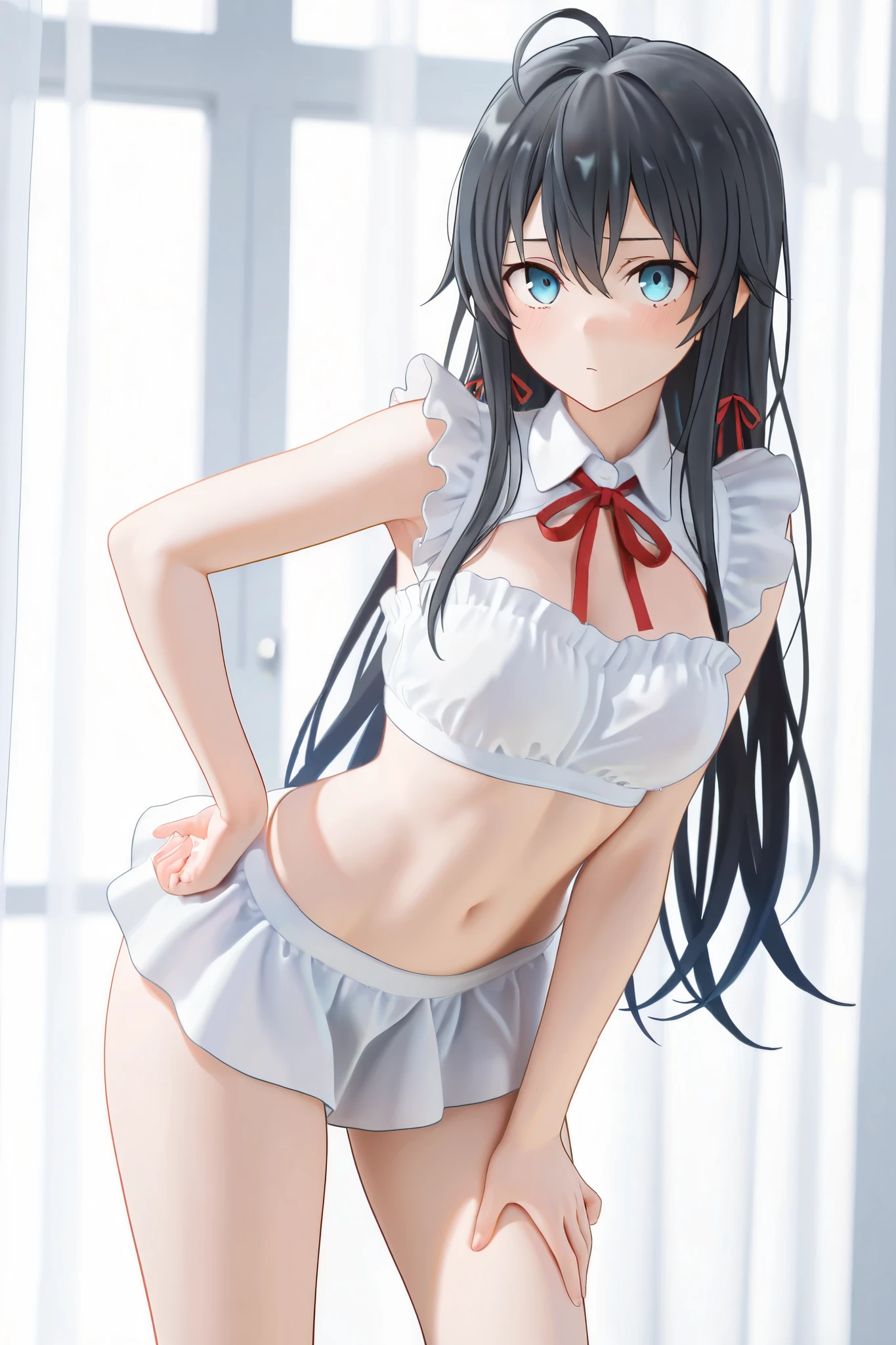 1girl, (yukinoshita yukino, yahari ore no seishun lovecome wa machigatteiru, black hair, blue eyes:1.5), (reverse bunnysuit, reverse outfit, shiny rabbit ears headband, detached collar, bowtie, pink pasties, topless, tight sleeves, (black) puffy long sleeves: 1.2), thigh, perfect face, perfect anatomy, light rays, photo background, extremely delicate body, smooth skin, feminine expression, (cristal clear eyes, beautiful face), (anime style:0.8), (highres), (artist m-da s-tarou:0.2), (best quality, amazing quality, very aesthetic, absurdres,)