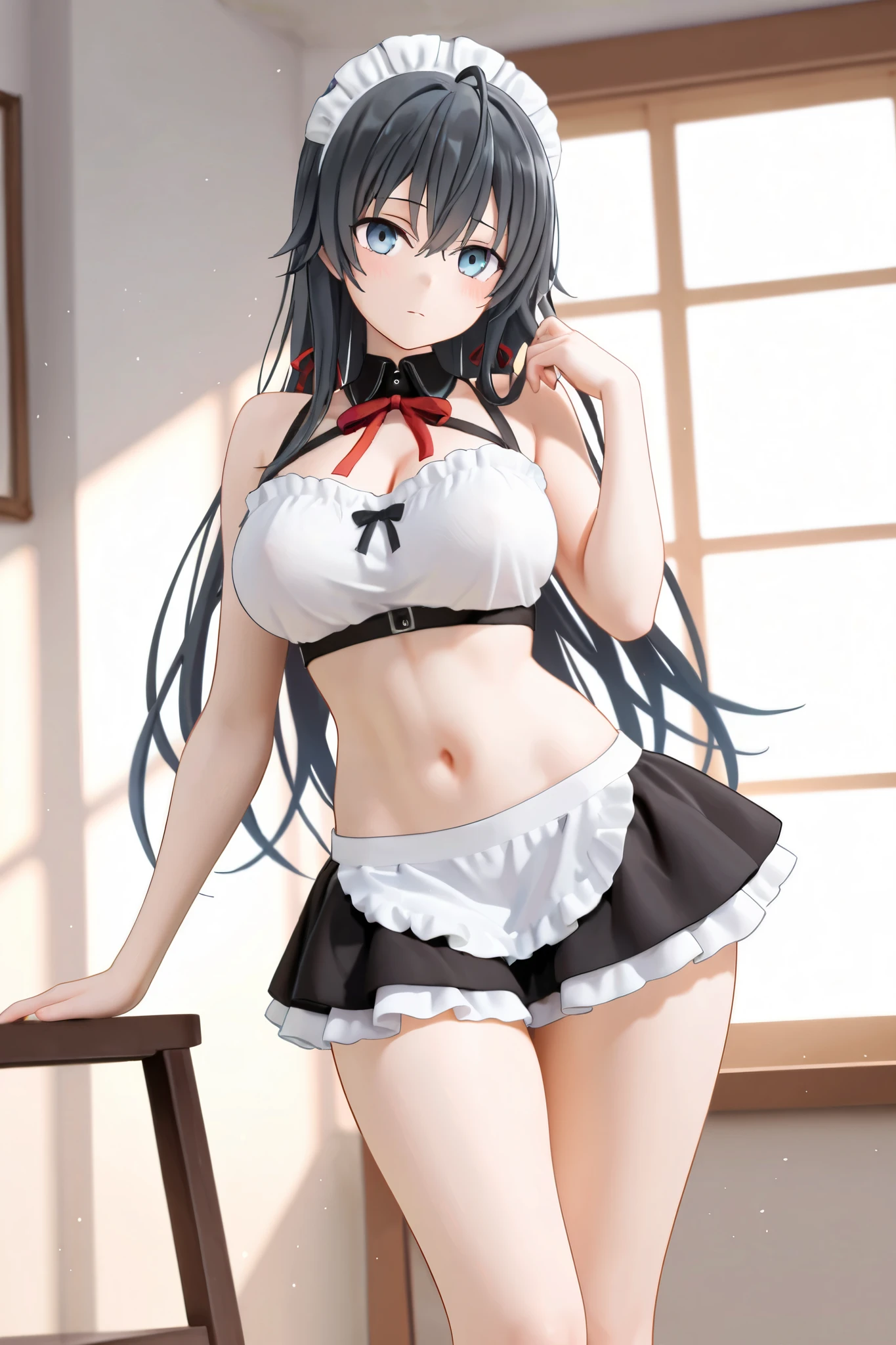(Masterpiece:1.2, Highest quality:1.2), High quality, (long and thin legs, shoes:1.2), squat、Spread your legs with both hands、1 girl, (smile、Open your mouth大笑い:1.2), Cute eyes, (Detailed face:1.3)、Open your mouth, The whole face turns red, alone, Oversized breasts, Big and ample breasts, (Straight bangs), White maid outfit、(Bust only super micro bikini:1.2)、Side bust、Underbust、belly button、Walking the mansion's corridors、nsfw、shoes下