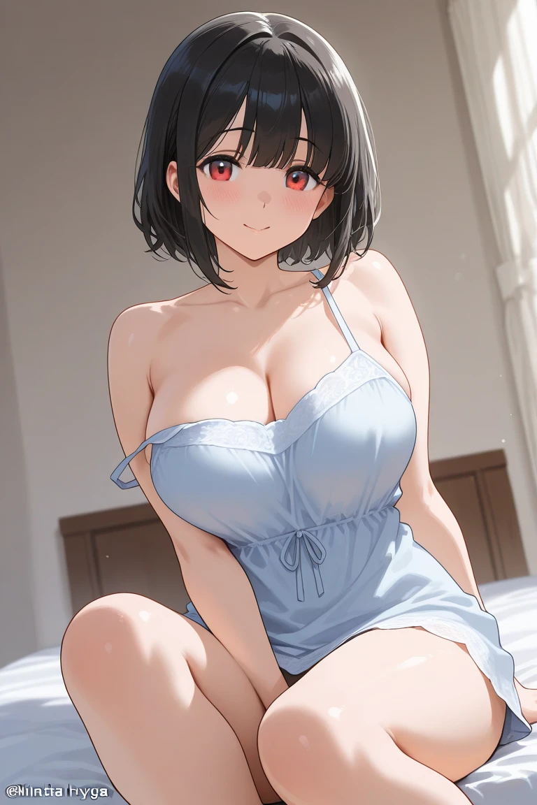 ((best quality)), ((masterpiece)), (detailed), perfect face, 1 girl, solo, teenager, black hair, bob cut, bob hair, blue eyes, smile, flamenco dress, off the shoulder dress, red dress, a longer body, teenager, bare shoulders, large chest, sexy sitting pose, and being so beautiful, room background, with lots of candles burning on the floor, in a dark room, mouth open, tongue, sweating, guitar in the background