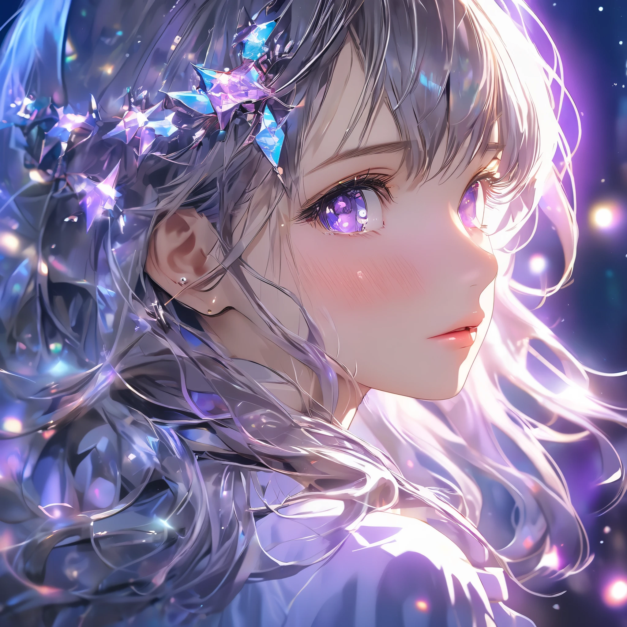 Focused on profile faces、  girl, beautiful and detailed eyes, beautiful detailed lips, very detailed face, Long Lashes,  stalker looking at the night sky with a focus on profile, crystal purple eyes focused on profile,  cute expression , Dreamy Light,  shines some light , upper body,  night view, look to the side, (best quality,4K,8k,high resolution,masterpiece:1.2),super precise,(realistic,photorealistic,photo-realistic:1.37),high resolution,超high resolution,studio lighting,super precise画,sharp concentration,physics-based rendering,Extreme Detailed Explanation, professional,bright colors,Bokeh,portrait,anime,photo shoot,fantasy,Dramatic Lighting,gentle color