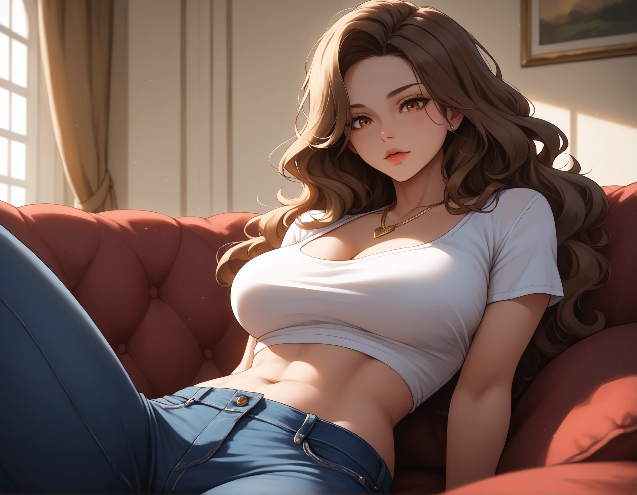 Watercolor, score_9, score_8_up, score_7_up, (Volumetric_lighting1.7), (masterpiece), (lora: Detailed Background), (lora: NKxXmo's Shaded Face), (lora: SDXL high detailed. LoRA_SDXL_ARW_0010: 0.75), (lora: Waifu Eyes), Watercolor, 1girl, from_below, (cowboy_perspective), solo, solo_focus, long_hair, (shoulder_length_hair:1.2), wavy_hair, chestnut_brown_hair, atheletic, curvy, crop_top, gold_necklace, (hazel_eyes with green hue), jeans, lounging_on_couch, dim_lighting, living_room_background, (intimate_atmosphere:1.5), high_quality, cinematic_lighting, 8k, realistic, nighttime, high_quality, detail_focused, foreshortening, darkbackground, cinematic lighting, 8k, realistic, nighttime, high_quality, detail_focused, blurry_background, (Diminishing scale perspective:1.3), ((forced_perspective))