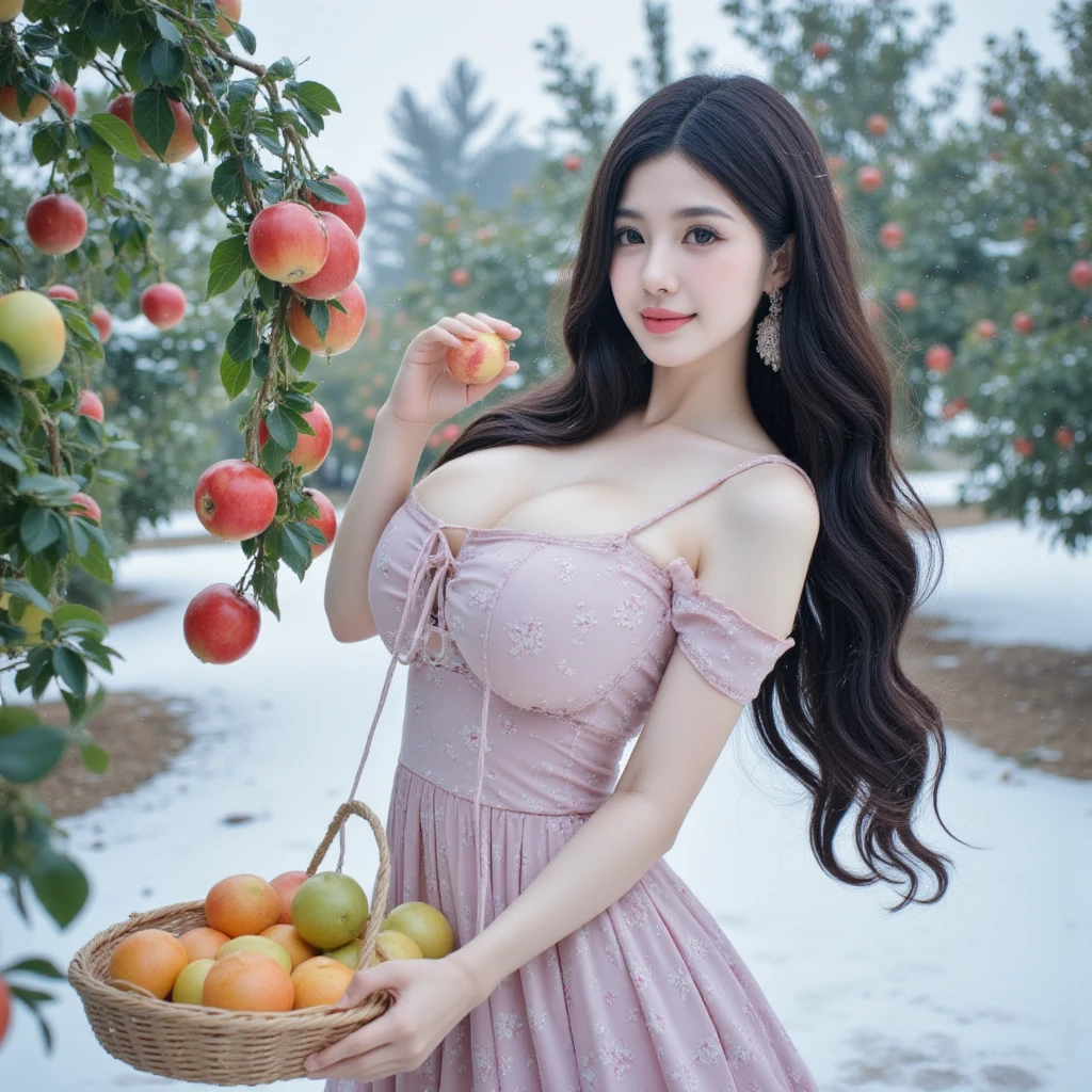 Black wavy hair big cleavage Japanese girl standing next to a tree with Cherries in her hand green leaves falling from the tree girl smiles 8k quality close up