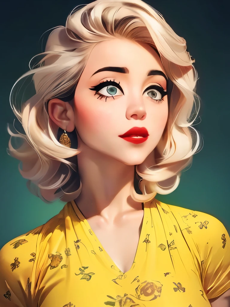 A glamorous woman with striking platinum blonde hair is highlighted against an elegant backdrop, featuring soft, ornate patterns in muted tones. Her retro hairstyle is adorned with a large, vibrant yellow rose, adding a splash of color that accentuates her stylish look. With bold winged eyeliner and a classic red lip, she exudes a timeless elegance reminiscent of vintage Hollywood. The lighting is soft and flattering, creating a dreamy atmosphere that enhances the beauty of her features and the intricate details of her hairstyle. The overall mood is one of sophisticated charm, inviting viewers into a world of classic beauty.