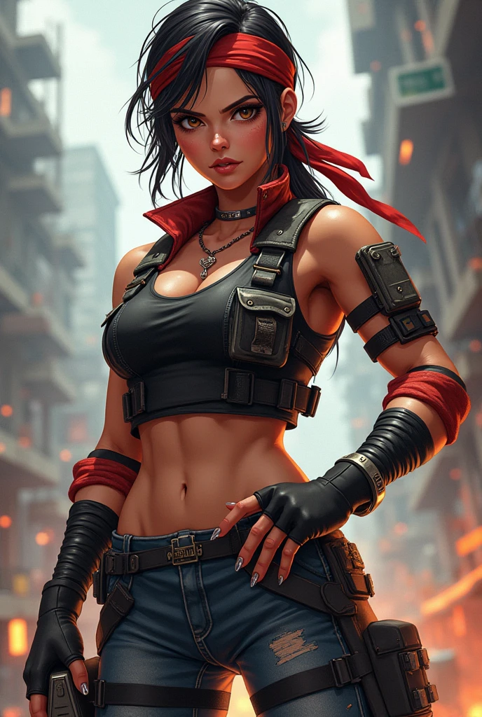 Claire Redfield com a roupa do Resident Evil 2, rosto altamente detalhado, sexy, corpo inteiro, cores ricas, bonito contraste, hiper realista, textura realista, 8K, cidade noturna, neblina