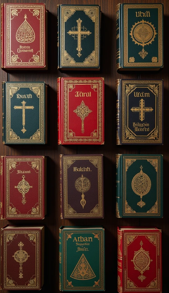 Create an image featuring three ancient and sacred texts: the Bible, the Quran, and the Kebra Negast authentic. The Bible should have a worn, leather-bound cover with a visible cross, the Quran should be adorned with intricate golden calligraphy and an ornate cover, and the Kebra Negast should have an Ethiopian-inspired design with rich patterns and symbols. Arrange the books side by side on a wooden table, with soft, warm lighting casting gentle shadows, emphasizing the cultural and spiritual significance of each text.