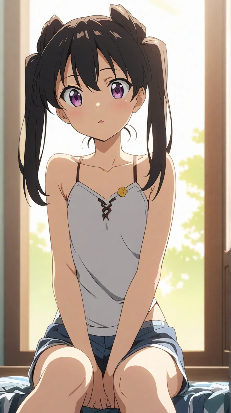 (masterpiece,highest quality,Ultra-high resolution,Highly detailed 8k wallpaper,Super detailed,Very condensed one girl,Delicate and beautiful features,Beautiful fine details,Beautiful lighting,anatomically correct),View Viewer,from the front,plaid one piece,open mouth,nervous smile,shy,,slender,middle hair, little two side up,flat chest,shiny hair,Fair skin,Straight black hair