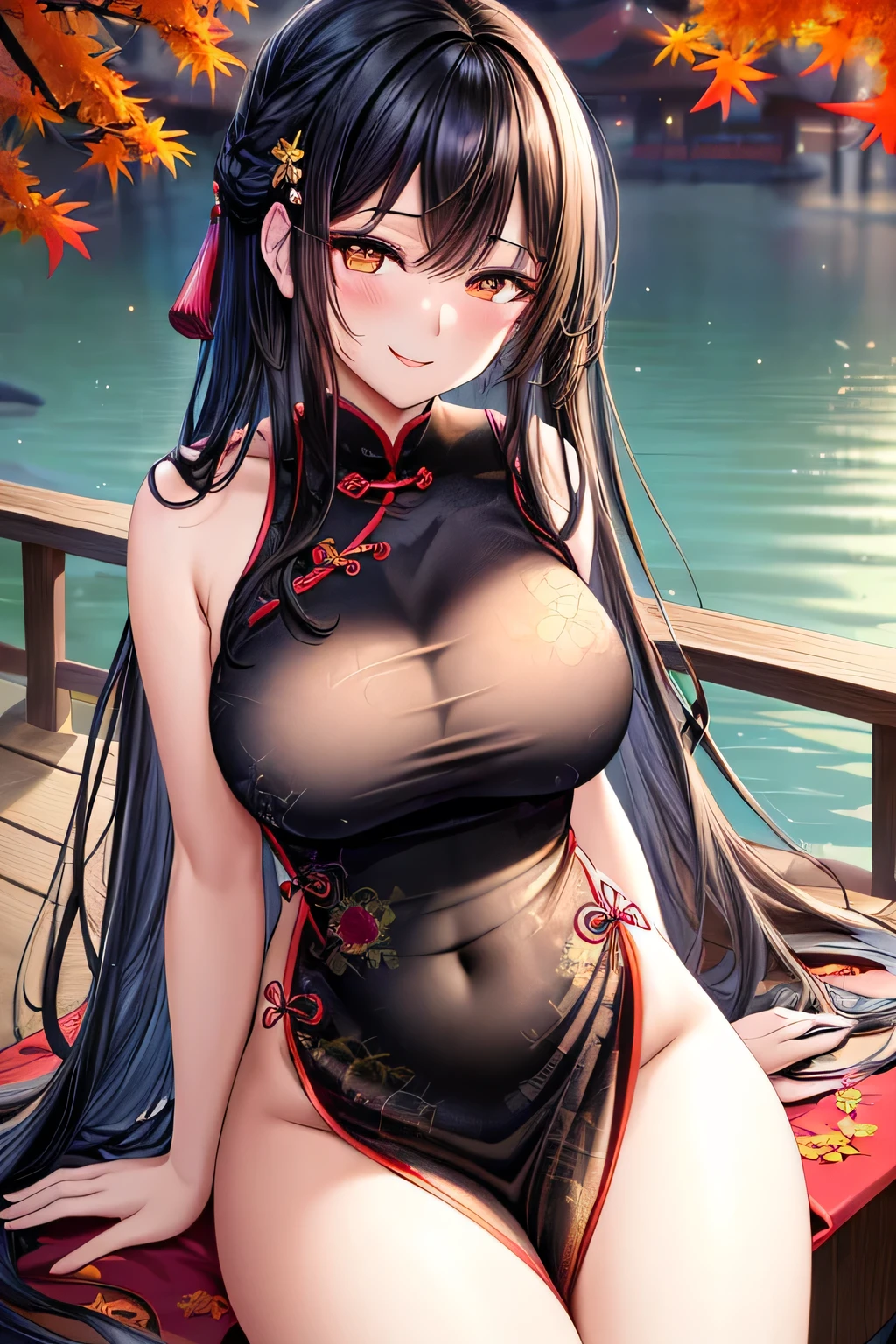 Envision an anime girl with chestnut-brown hair styled in loose curls, adorned with traditional Chinese hair sticks. Her latex swimsuit, inspired by the vibrant colors of the Lantern Festival, features a rich blend of red, gold, and navy blue. Posing under a starlit sky filled with floating lanterns, she stands with arms outstretched, capturing the enchantment of the festival. The latex swimsuit has lantern-shaped charms and subtle metallic sheen, and her expression is one of romantic fascination, embodying the moonlit romance of a Lantern Festival muse.