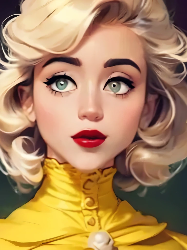 A glamorous woman with striking platinum blonde hair is highlighted against an elegant backdrop, featuring soft, ornate patterns in muted tones. Her retro hairstyle is adorned with a large, vibrant yellow rose, adding a splash of color that accentuates her stylish look. With bold winged eyeliner and a classic red lip, she exudes a timeless elegance reminiscent of vintage Hollywood. The lighting is soft and flattering, creating a dreamy atmosphere that enhances the beauty of her features and the intricate details of her hairstyle. The overall mood is one of sophisticated charm, inviting viewers into a world of classic beauty.