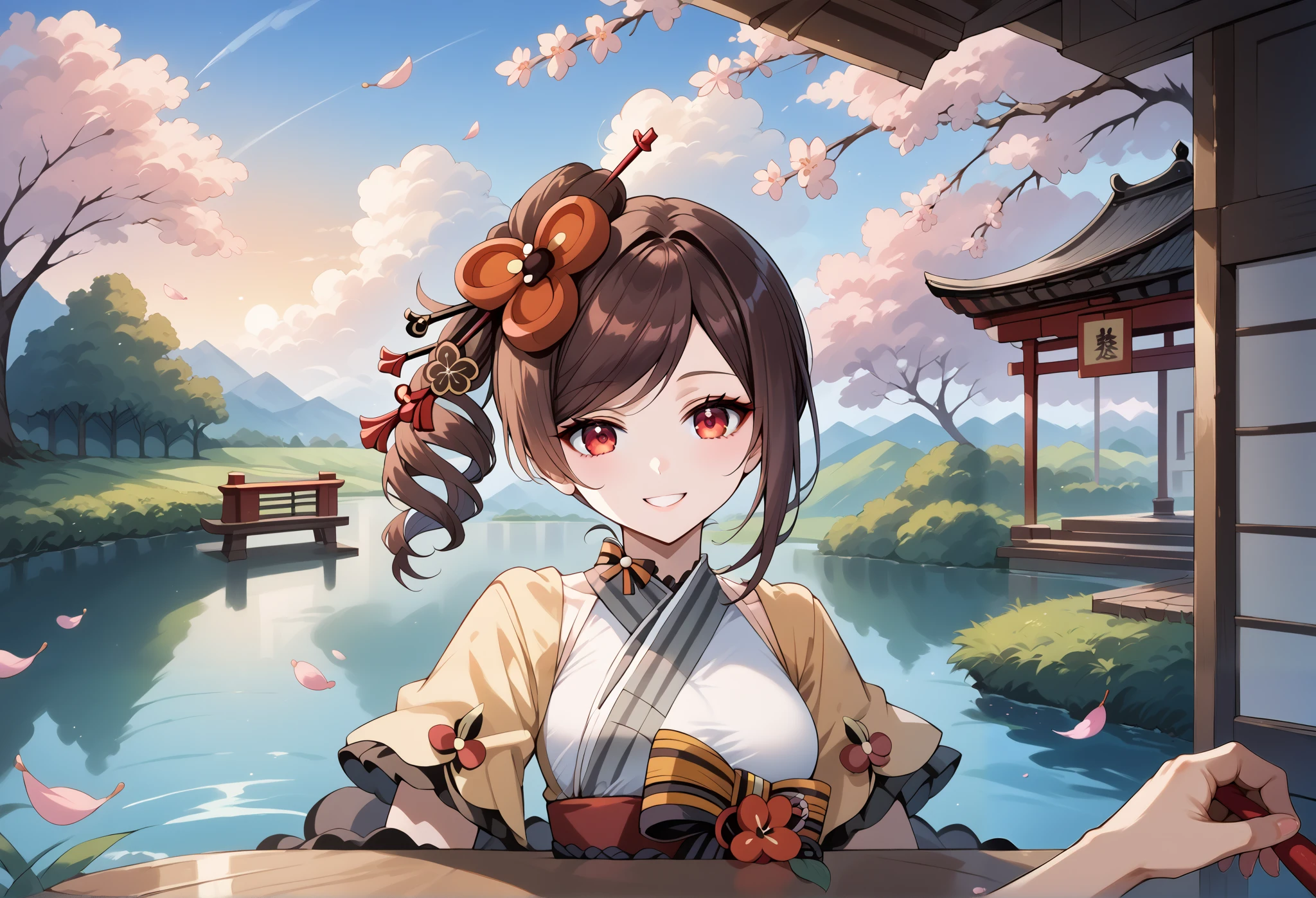score_9, score_8_up, score_7_up, source_anime, 4K,perfect fingers,(perfect hands, perfect anatomy),prefect lighting, very aesthetic, intricate details,highly detailed background, masterpiece, high quality, best quality,
1girl,Solo,genshinchiori, chiori, brown hair, hair ornament, red eyes, hair flower, large breast,
wearing ((casual dress,frills,ornate clothing, )),,
sakura,cherry blossoms,action pose, looking at viewer, head tilt,playful smile, looking at viewer, smile, outdoors, sky, solo focus, day, cloud,pond, across table, pov, sunset,