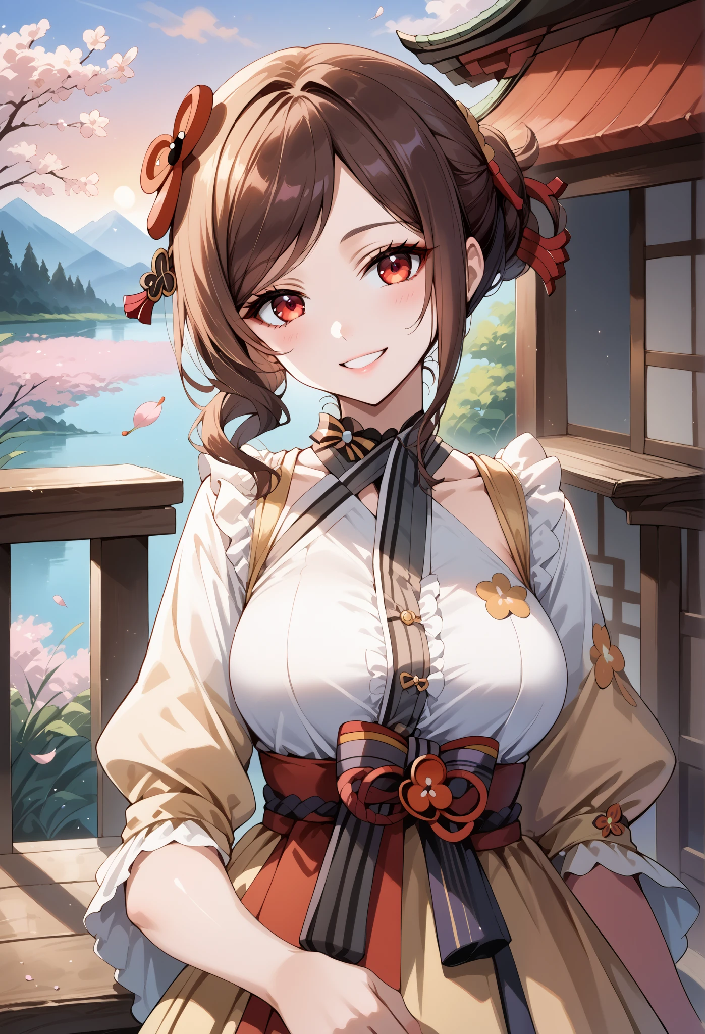 score_9, score_8_up, score_7_up, source_anime, 4K,perfect fingers,(perfect hands, perfect anatomy),prefect lighting, very aesthetic, intricate details,highly detailed background, masterpiece, high quality, best quality,
1girl,Solo,genshinchiori, chiori, brown hair, hair ornament, red eyes, hair flower, large breast,
wearing ((casual dress,frills,ornate clothing, )),,
sakura,cherry blossoms,action pose, looking at viewer, head tilt,playful smile, looking at viewer, smile, outdoors, sky, solo focus, day, cloud,pond, across table, pov, sunset,