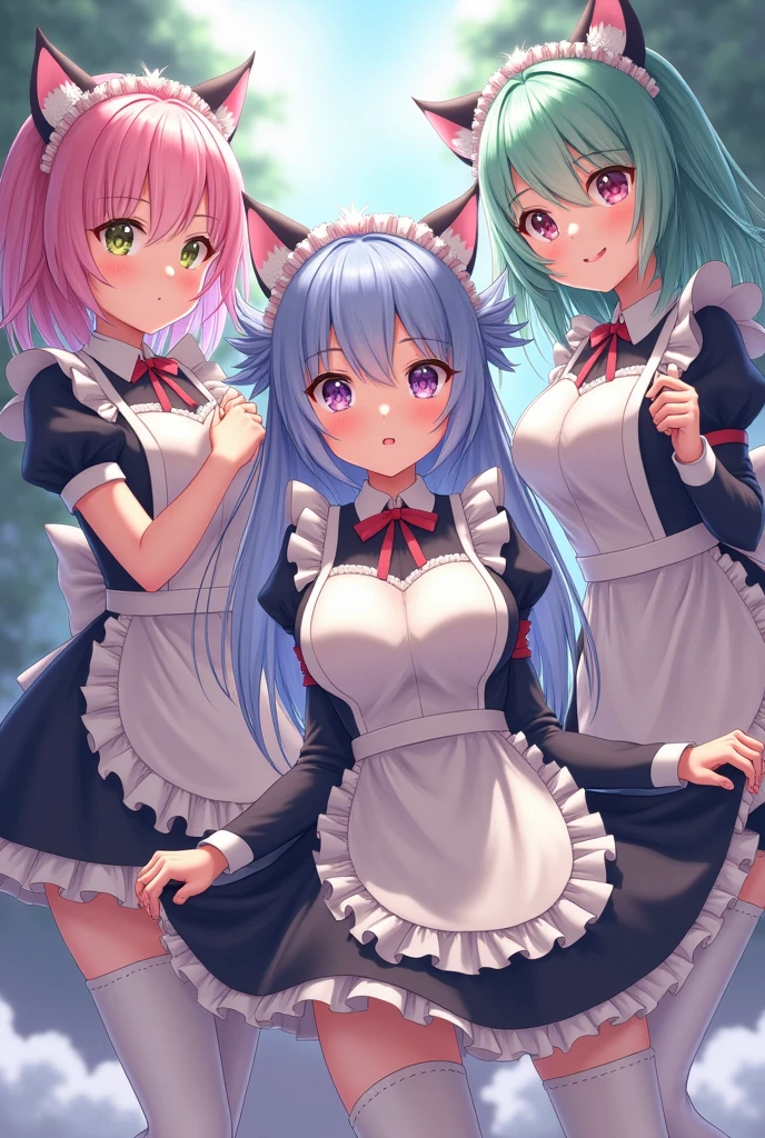 NSFW,((1 male and 2 females,Doing)),penis,ffm,breasts squeezed together,cooperative paizuri,breasts blowjob,breast in 1penis,hetero,Striped panties,panties aside,((harems)),hetero,Pink ta Clothes,Green hair,Striped socks,Striped panties,blushed face,Cat ears,Pink eyes,Smile with open mouth,Light blue Loliarter strap,Top image quality,Best Quality