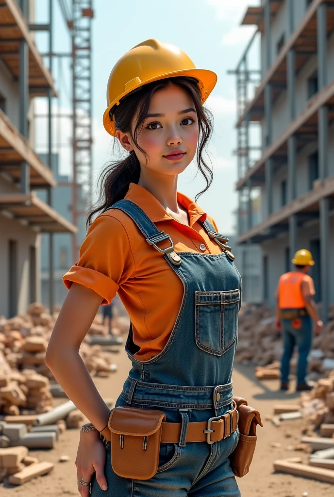 Asian Female builder standing in front of house without top cloth