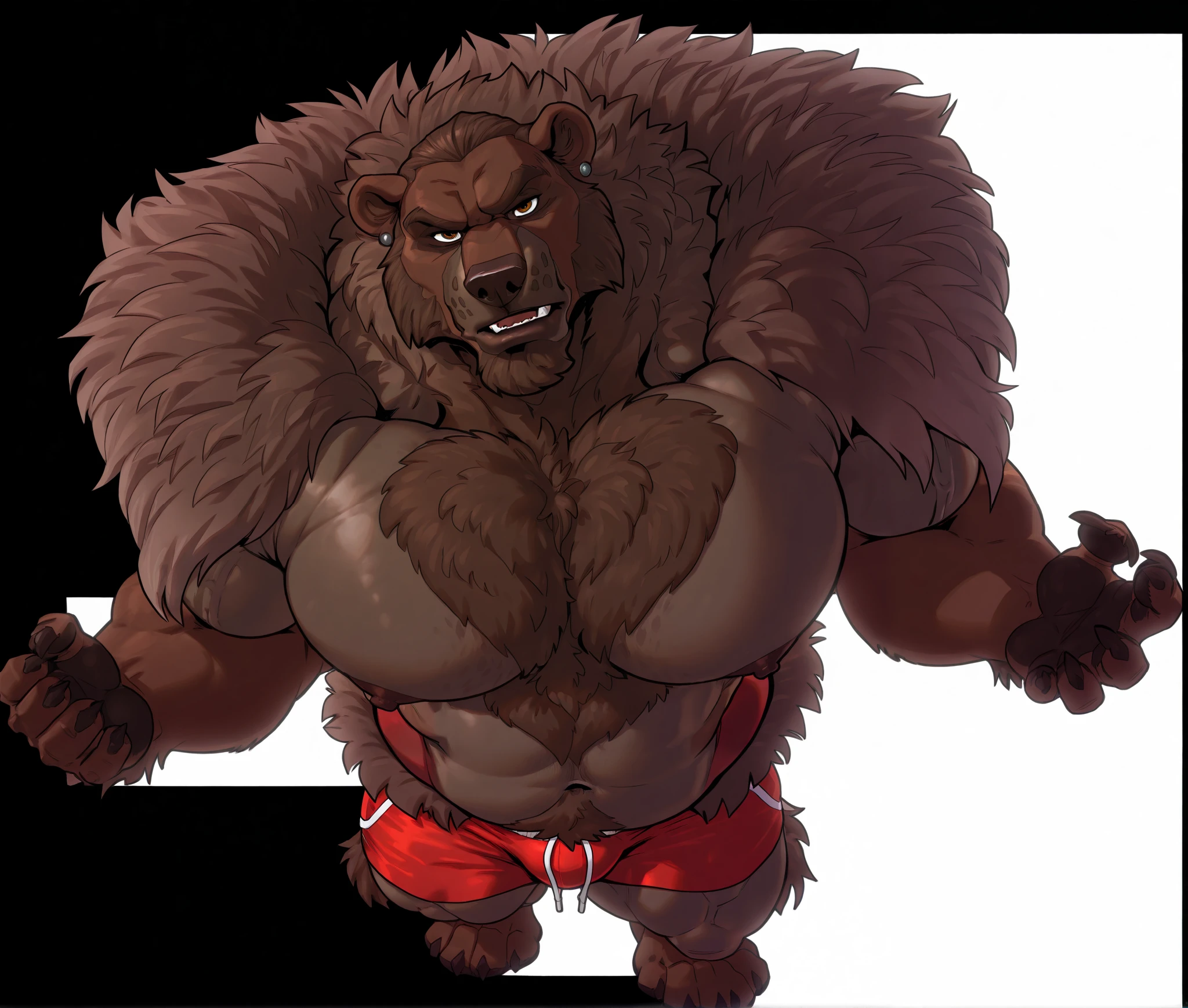 Solo, 1boy, Muscular Old, grunts, focus, look at viewer, wide shoulder, pectoral, thick arms, huge pectoral, wide pectoral, height: 8ft, weight: 440lbs, a grizzly bear wrestler in a red shorts with white slits, as he gets ready to rumble, Walt Disney 2D Zootopia Animation Art Style,