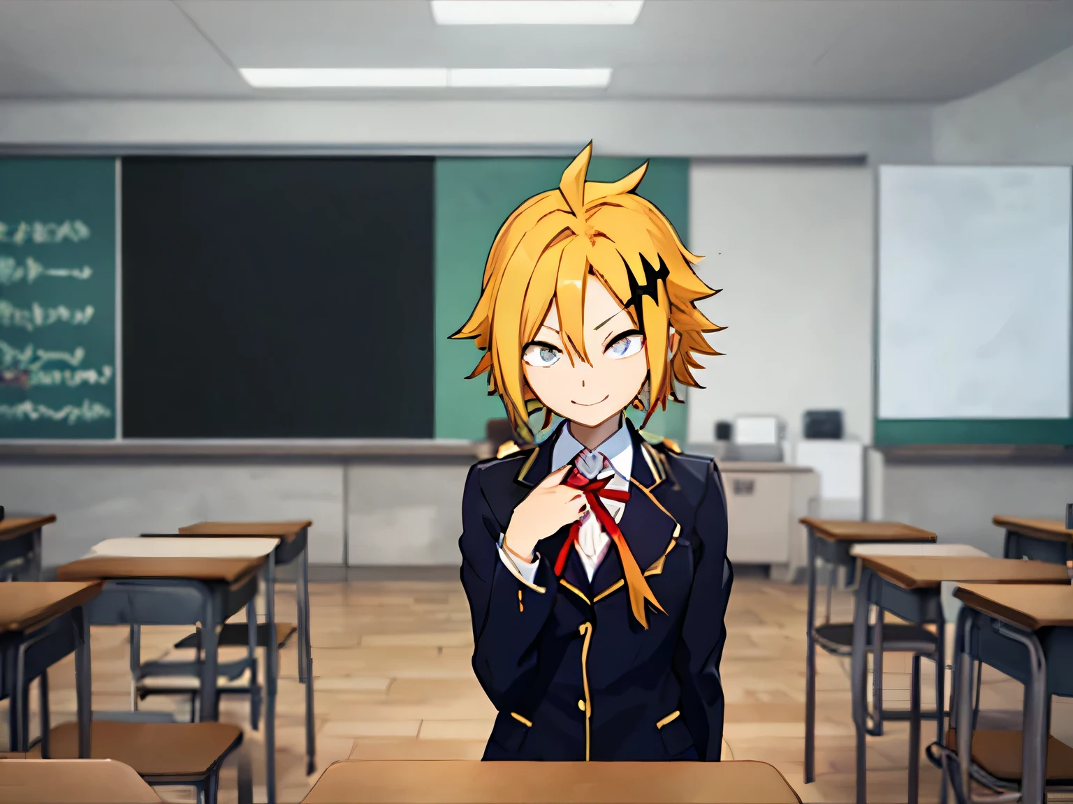 masterpiece , better quality , anatomy, 1 , Alone, male focus, looking at the lunar spectator , upper body, Kaminari_, blonde hair, multicolored _hair, Style 2d, type: novel visual type doki doki, men's UA schoolgirl costume, bottom: classroom, expression: friendly smile , Genre: Male, Body: thin, Hands behind your back looking at the spectator