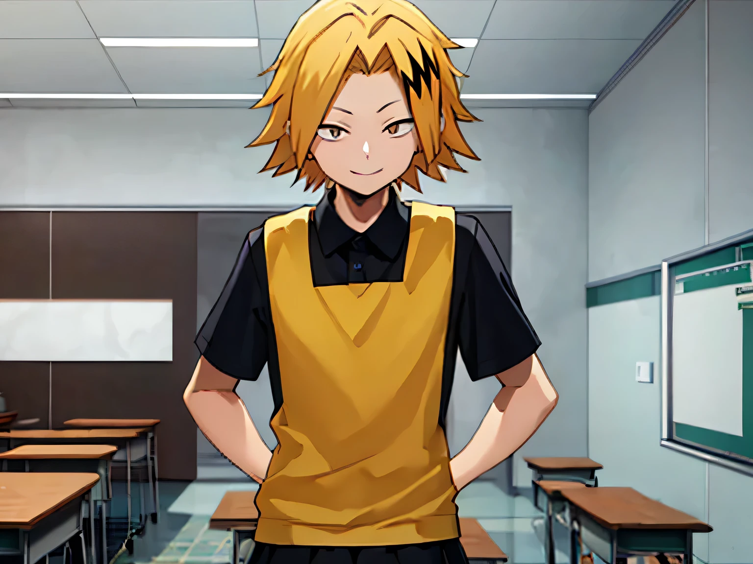 masterpiece , better quality , anatomy, 1 , Alone, male focus, looking at the lunar spectator , upper body, Kaminari_, blonde hair, multicolored _hair, Style 2d, type: novel visual type doki doki, men's UA schoolgirl costume, bottom: classroom, expression: friendly smile , Genre: Male, Body: thin, Hands behind your back looking at the spectator, Alone, In the middle of the room looking at the spectator