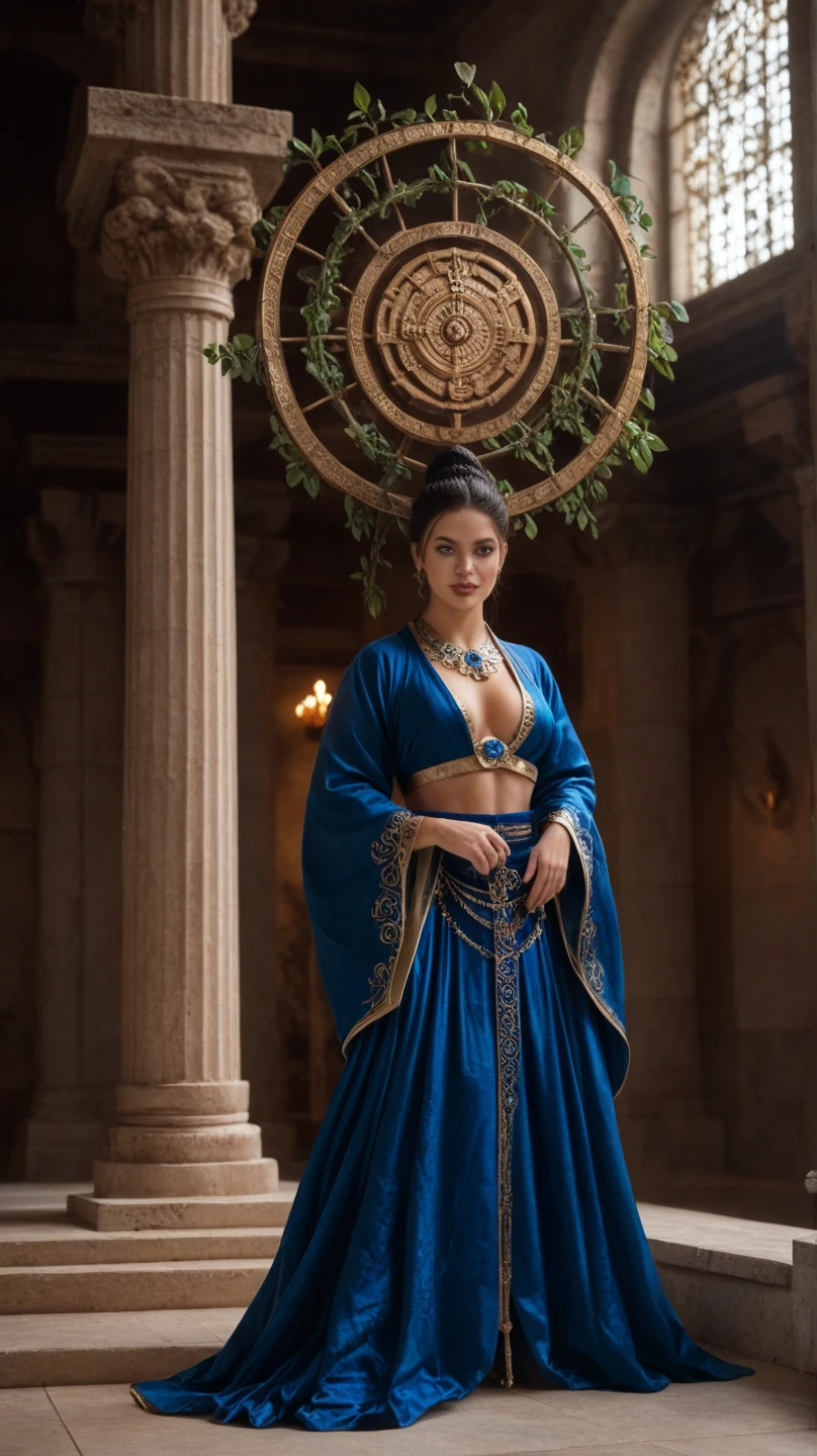 close-up RAW Portrait shot, photograph, androgynous human, oval jaw, delicate features, beautiful face, dark hair, (big bun:0.7), long bangs, hairband, long ponytail, bright blue-green eyes, (royal blue silk sari:1.4), 25yo stunning beautiful woman, (golden luxurious diadem with intricate details, gem:1.3), intricate details, skin texture, natural skin pores, dark dramatic studio lighting, cinematic shot,tan, dark olive skin, symetrical face, lascivious looking at viewer, parted lips, full lips, smokey eyes, bun pillow, elaborate hairstyle, dark lips, standing inside a hindu temple mith intricate ornament Big boob busty ,naked photo