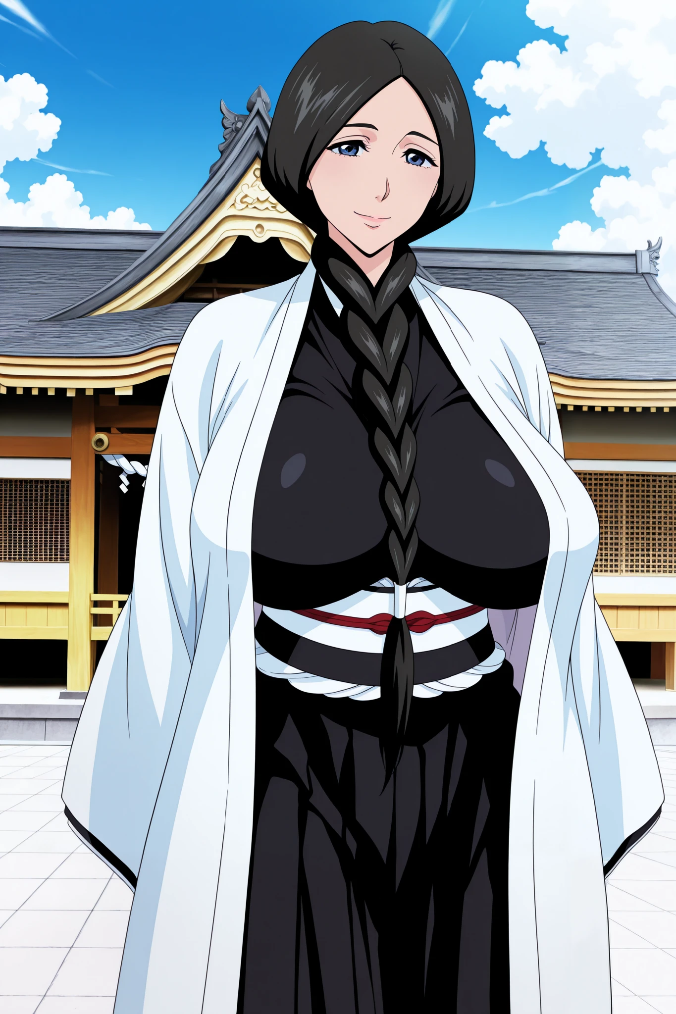 masterpiece,best quality, amazing quality, very aesthetic,anime screencap ,1girl, solo, run0hana, black hair, single braid, dark blue eyes, large breasts, white haori, wide sleeves, black kimono, obi, black hakama, happy, smile, looking at viewer, blue sky, shrine, east asian architecture, clouds,milf,mature female ,(huge breasts),banana breasts,legs apart,spread legs,standing spread legs