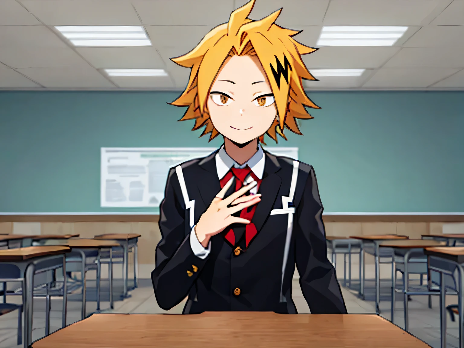 masterpiece , better quality , anatomy, 1 , Alone, male focus, looking at the lunar spectator , upper body, Kaminari_, blonde hair, multicolored _hair, Style 2d, type: novel visual type doki doki, men's UA schoolgirl costume, bottom: classroom, expression: friendly smile , Genre: Male, Body: thin, Hands behind your back looking at the spectator, Alone, In the middle of the room looking at the spectator