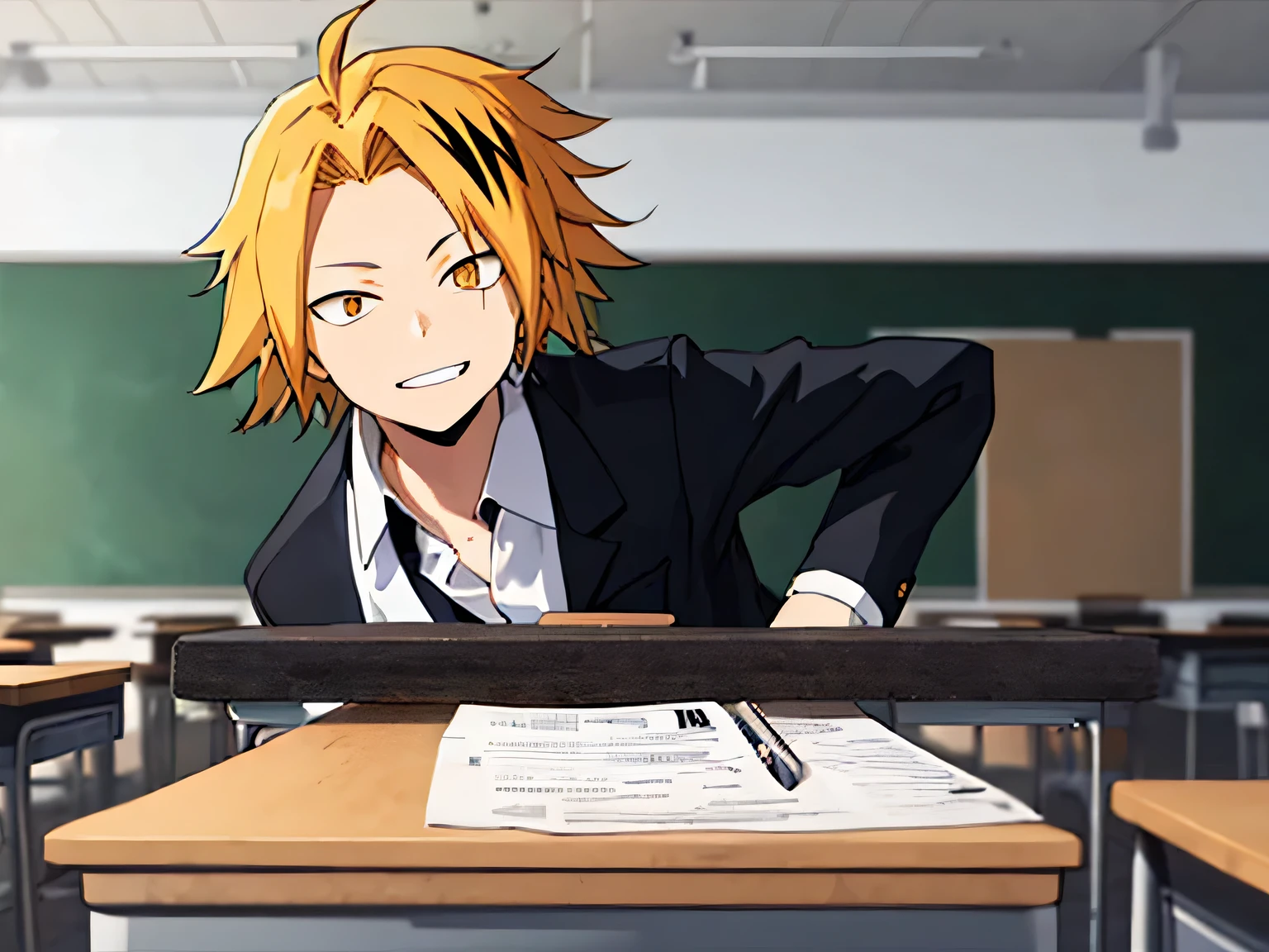 masterpiece , better quality , anatomy, 1 , Alone, male focus, looking at the lunar spectator , upper body, Kaminari_, blonde hair, multicolored _hair, Style 2d, type: novel visual type doki doki, men's UA schoolgirl costume, bottom: classroom, expression: friendly smile , Genre: Male, Body: thin, Hands behind your back looking at the spectator, Alone, In the middle of the room looking at the spectator