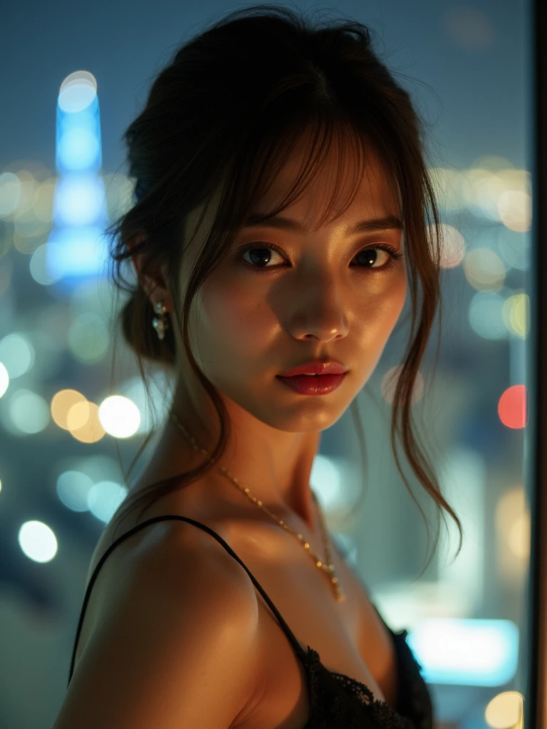 realistic, Hot girl wearing a navy blue bra, An absent-minded attitude, big breasts, cute sexy poses, In a small skyscraper bedroom at night, mood light, Window with night city view, raindrops on the window, Rainy night, Volumetric light, movie light, depth of field, Bokeh, Masterpiece,