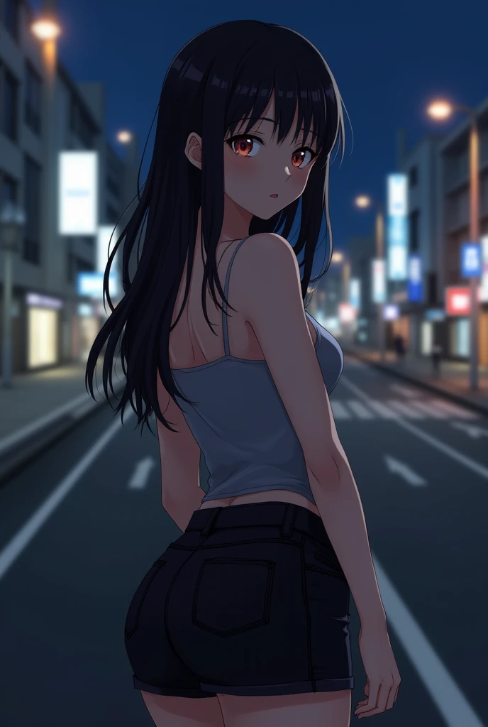 latin girl in shorts and short blue crop top on the street at night, deserted street, sitting on the sidewalk, pensando na vida, latina, pobres, inner clay street, moonlight ripped denim shorts, alone, in this, delicious