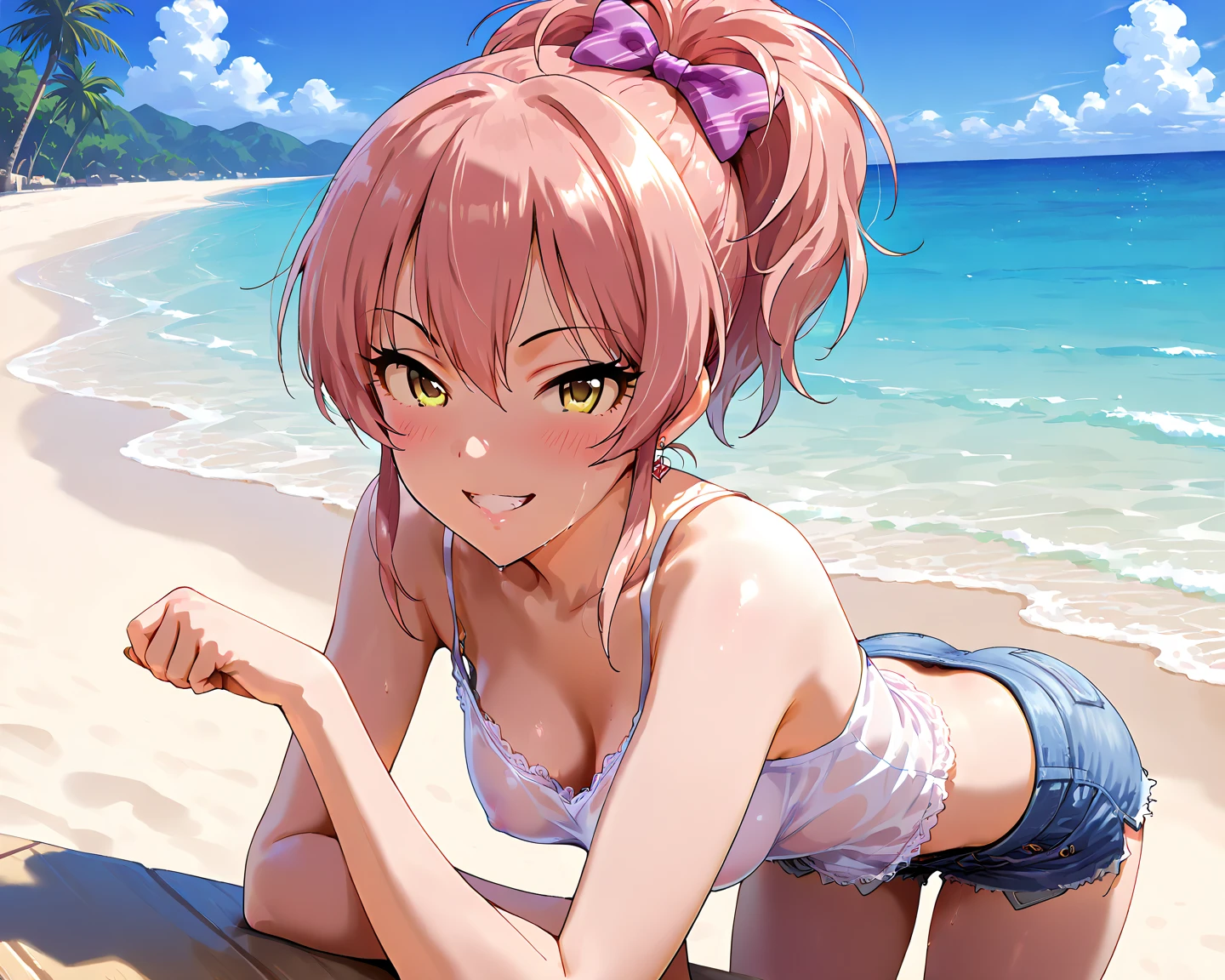 (highest quality)), ((masterpiece)), (Familiar), Perfect Face,Shiny skin,Beautiful breasts,Kyoto Animation style drawing,Shiny skin、Swimwear、hoodie、Sunburned skin、Sweat、Off the shoulder、Double teeth
、Short Hair、Twin tails、Pink Hair、Young、Big Breasts、Embrace、Beach、Sandy Beach、Sunshine、summer、dark skin、close、near、Parasol、Recliner、Sleeping、