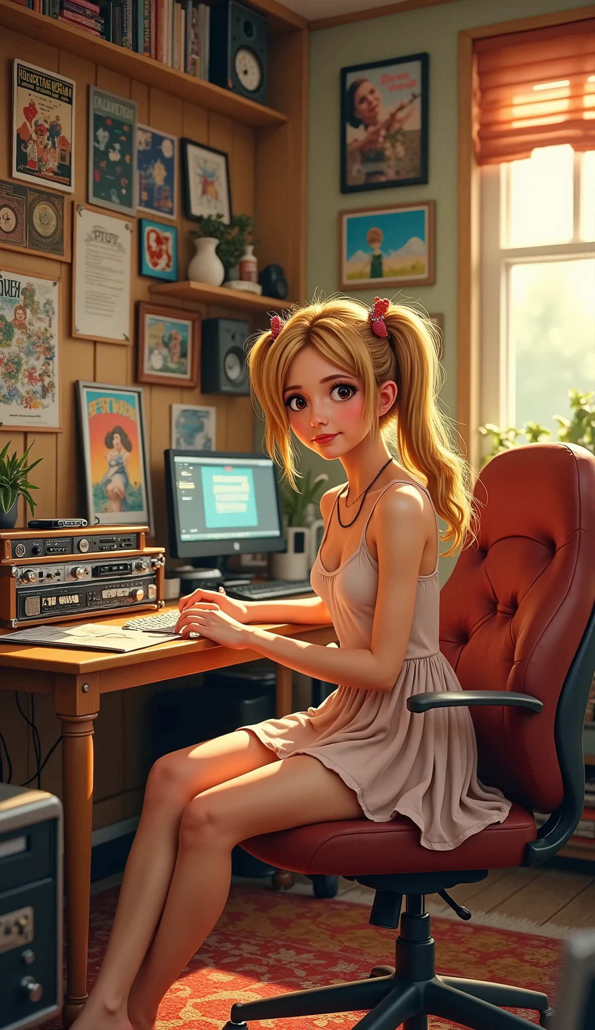 Young beauty Buffy Summers sits in a cozy home studio and composes music, creative atmosphere, joy and comfort, warmth, lots of posters with old games on the walls, lots of audio equipment and wires, perfect body, perfect figure, perfect cute young face, pigtails, beautiful short dress, realism, high quality, high detail, interesting angle,
