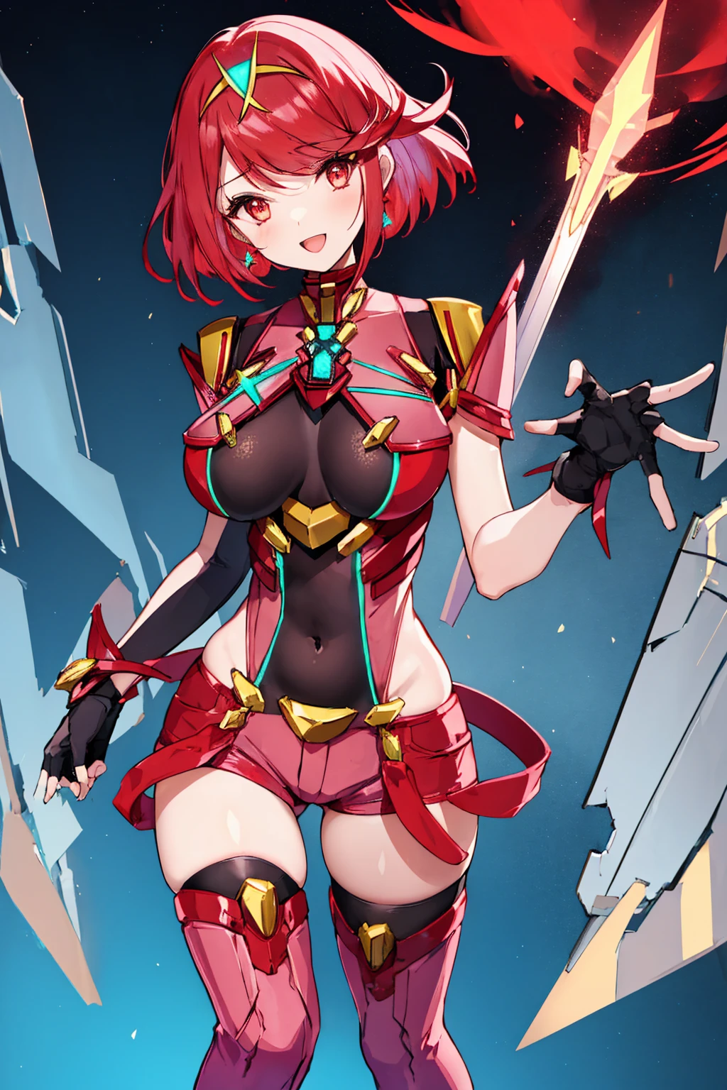 pyra \(xenoblade\), teen_1girl, , bangs, black gloves, , red eyes, shout, earrings, eyelashes, fingerless gloves, floating hair, , gem, gloves, hair ornament, headpiece, jewelry, big_breasts, leaning back, neon trim, official art, pose, red hair, saitou masatsugu, short_ponytail, sidelocks, skin tight, solo, swept bangs, thighhighs, tiara, fantasy_town_background, underbust, xenoblade chronicles \(series\), (xenoblade chronicles 2), (spread_legs:1.1), fire_effect,dynamic_posing,light_smile, big_ass,huge_sword, hold_large_sword_hilt, covered_nipples, covered_pussy, fists,beautiful_fingers,(solo:1.1), bare_shoulder,(shoulder_naked:1.2), (very_short_shorts:1.3),(lise_leg:1.4)