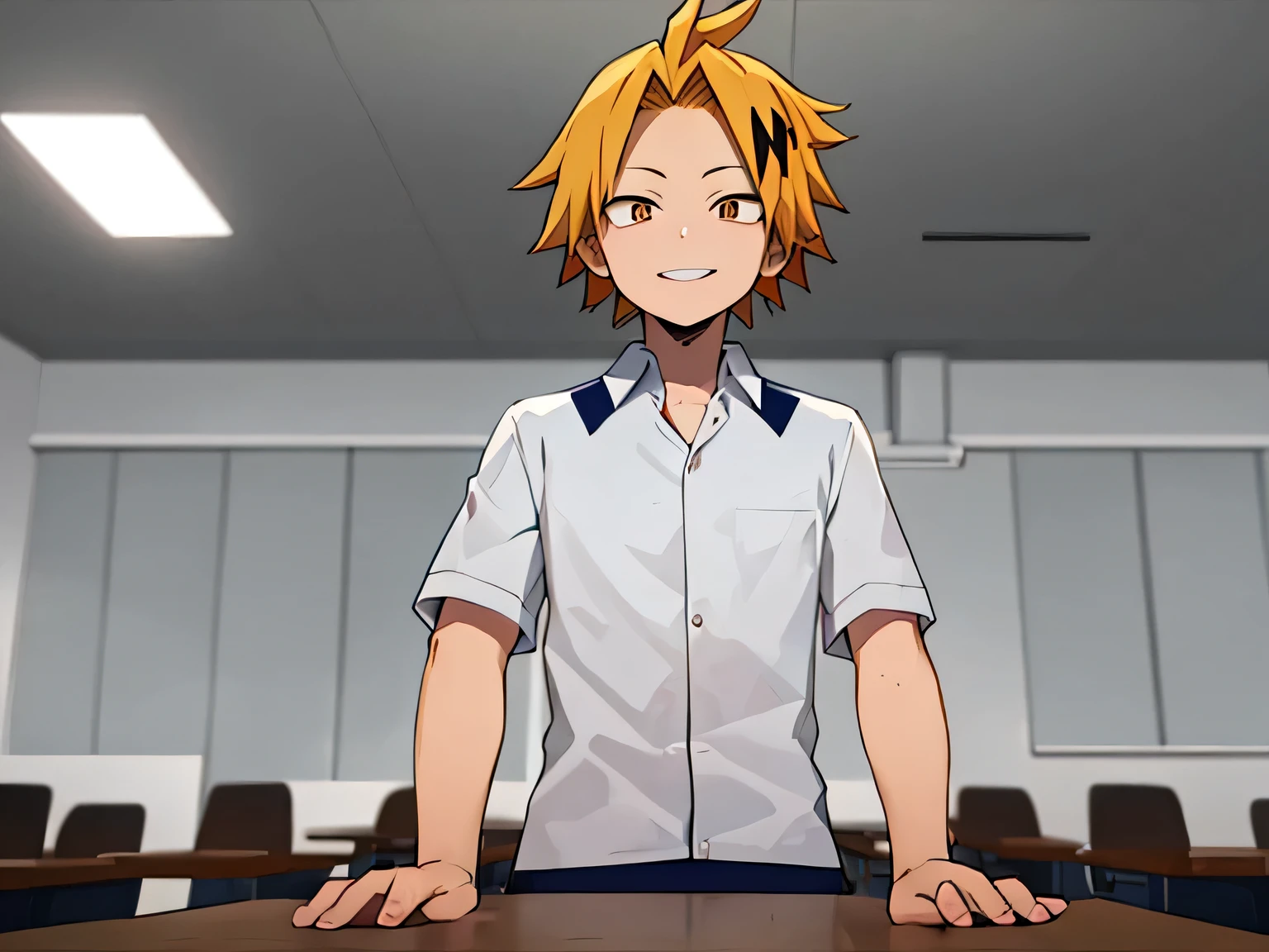 masterpiece , better quality , anatomy, 1 , Alone, male focus, looking at the lunar spectator , upper body, Kaminari_, blonde hair, multicolored _hair, Style 2d, type: novel visual type doki doki, men's UA schoolgirl costume, bottom: classroom, expression: friendly smile , Genre: Male, Body: thin, Hands behind your back looking at the spectator from the front, Alone, In the middle of the room looking at the spectator