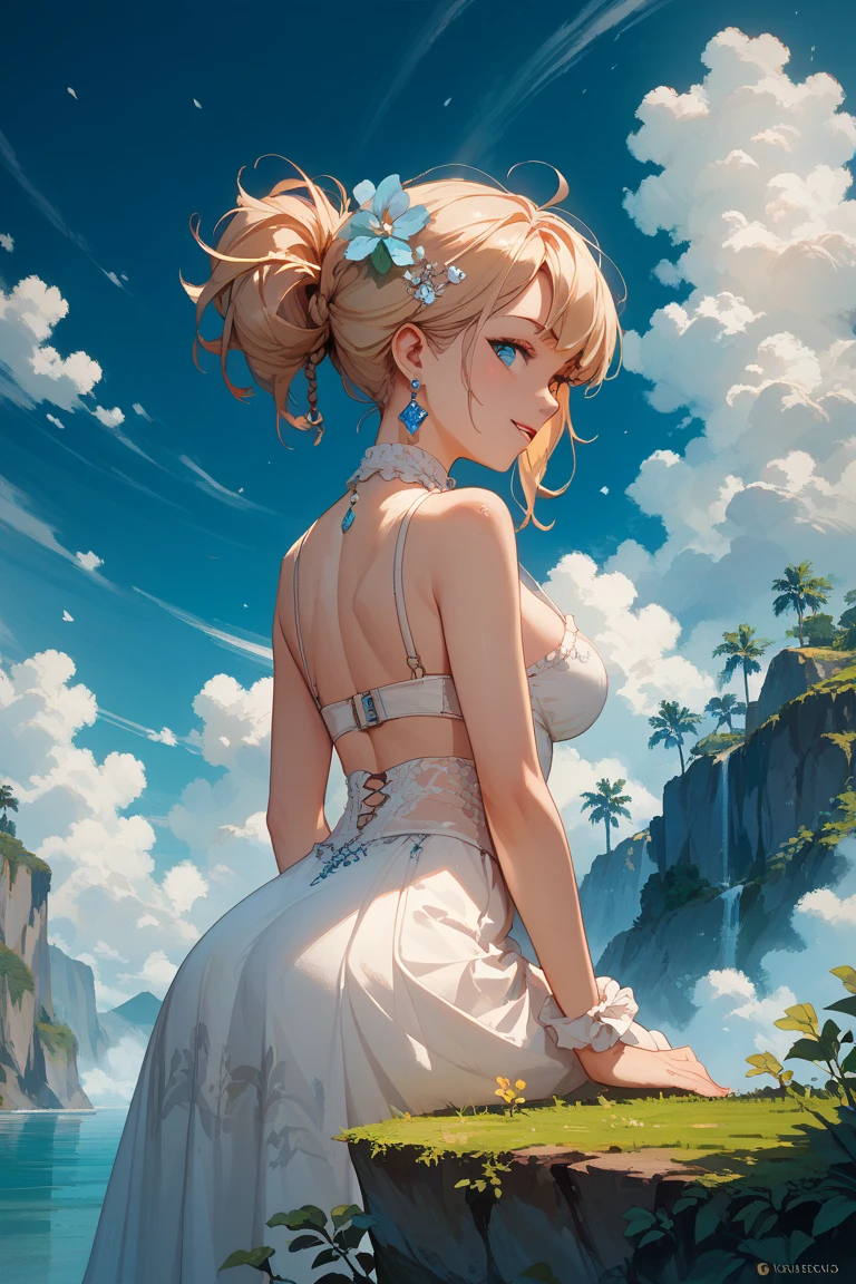 ,((Best quality))),8k,((Masterpiece)),(Extremely refined and beautiful), there is a girl coming out of the sea, a swan princess in Russian mythology, beautiful calm face, blue eyes, long blonde hair braided, the moon braided hair on the back of the head, white old Russian shiny clothes with a Kokoshnik crown on his head, affectionate eyes, half a smile, a gentle expression on his face, seascape and sunlight in the background, seagulls in the sky, full length, realism
