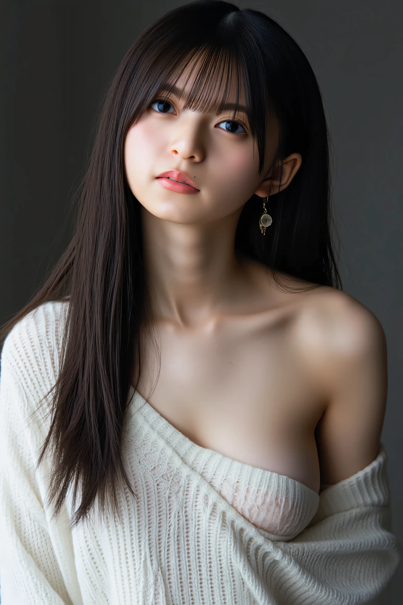 ((( high resolution , best quality, very well detailsed, masterpiece , highly detailsed photos , realistic , Real people々 , Super precise skin ))) , , ( from the side ) , upper body , Pre-shot , ( Dull face ) , { wearing the sweater that opens back and sides } , black hair , medium hair , medium breasts , focus on face and chest , (( keep your hair behind your ears : 1.8)) , { nsfw } , in a dim room