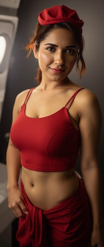 A beautiful woman with a big elastic butt, Posing for the camera in a TANK T-SHIRT and tight sports shorts...,muy detallado, hermoso cuerpo y cara, se parece al original, Pelo rojo, en EL VESTIDOR DE CASA