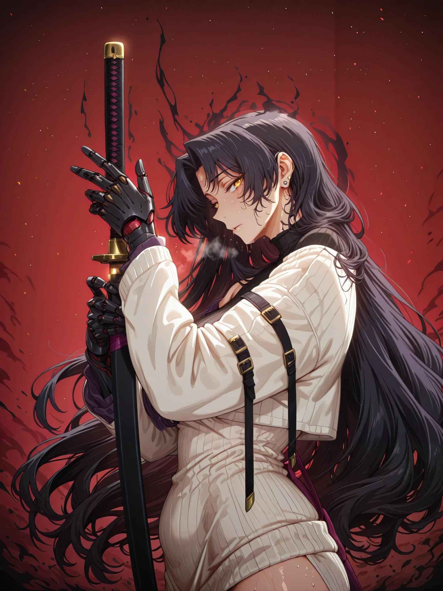 anime coloring, anime screencap, anime-style detailed background, vignetting, masterpiece, high quality, absurdres, best quality, very aesthetic, newest, dynamic composition, anatomical correct, HD, 4K, digital art, trending on ArtStation, perfect body, perfect eyes, perfect fingers, gasping, heavy breathing, excessive sweating, sweating, sweating profusely, gasping profusely, cinematic, ((skindentation)), ((curvy)), dominique de sade, long hair, black hair, curtained hair, yellow eyes, black pupils, plump, 1girl, weapon, solo, sword, red_background, katana, holding_weapon, holding, simple_background, ear_piercing, sheath, holding_sword, mechanical_arms, profile, from_side, sheathed, looking_at_viewer, cyborg, white jacket, sweater dress, off shoulder, black short, (black aura), (grey aura), (aura:1.2)
