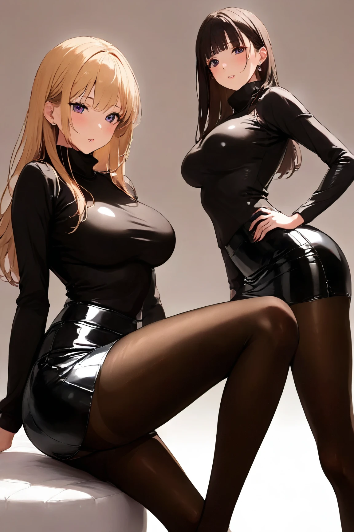 photorealistic, (4k), (Masterpiece), (realistic skin texture), extremely detailed, intricate, hyper detailed, high resolution, sharp detail, Best Quality, mother and daughter, 30-year-old woman, lascivious busty milf with brown hair dressed in cougar outfits that attracts the attention of 18-year-olds, excited with a mischievous smile, her 18-year-old blonde daughter with small breasts, rebellious, dressed in modern street clothes, pissed off but excited with an air of superiority, both are in the living room of their house dressed in daily clothes at night