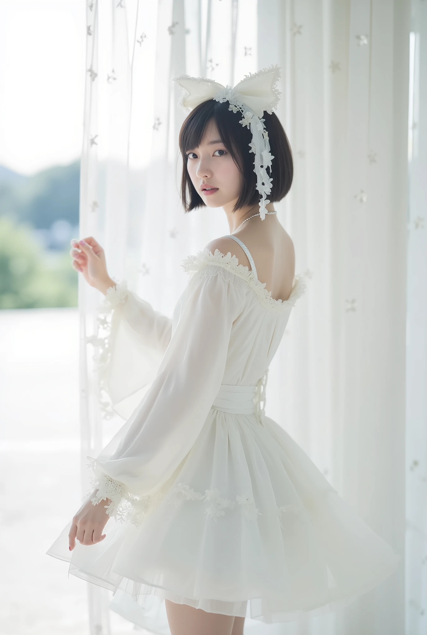 Create an image of a fair-skinned Japanese girl with short-length straight hair stands gracefully in a 'White Cinderella' costume. The composition captures her in a knee-length pose against a blurred background that resembles a white fantasy world, with a distant horizon. Artistic light leaks and chromatic aberration enhance the ethereal atmosphere, all framed from a dynamic angle.