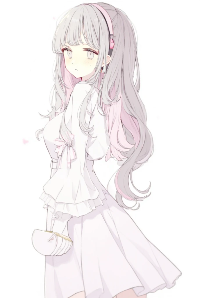 (((Long gray Beautiful Hair))),gray hair,kawai,(((Eyes visible from bangs,hair over eyes:1.3))),,Huge breasts,(pink color eyes),,(pink slanted eyes),1girl in,bangs,long gray hair, pantyhose,Cowboy Shot,white background,short hair,smiled,(Wearing tight pink panties and wearing a tight little pink bra), (Wearing a pink apron covering the front of her body), Bangs should be long to the tip of the chin (((Focus on the hands in the embarrassed hands down pose))), white background, Perfect arm fingers,,, 1 girl, ((The image must match the tag)) Bangs almost cover the eyes full sexy body (The character's entire body from top to bottom is completely visible) (Thighs, legs, bare body wearing only pink lingerie) right hand holding his left hand, head slightly lowered in shame (Masterpiece image quality 8k and above)