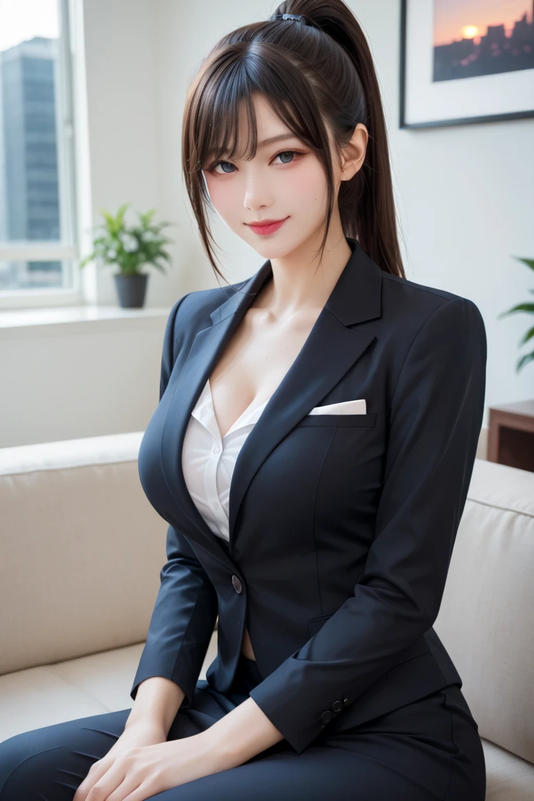((glistning skin))、女の子1人、15 year old beautiful girl in Prague、bright expression、with round face、Glossy glossy skin、(Medium Hair)、eye liner、Beautiful bangs、Hair between the eyes、Digital SLR、Soft light、hightquality、natural soft light、Looking at the camera, Soft smile、Secretary, black business suits, black suits(high-heels), High floor office background、Black tight skirt, The face is front、Upper body naked、beutiful breast、beautiful nipple