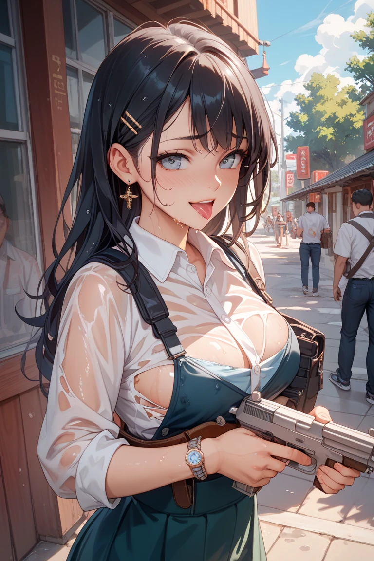 ((top quality)),(超A high resolution),(super detailed),(detailed description),((best anime)),(best work of art),super precision art,amazing art of depiction,Overwhelming descriptive power:1.5, top quality action movies:1.5, gun action:1.5, (Multiple adult women:1.5),body covered in mud and dust:1.6,income,1 girl、cleavage、smile、beautiful eyes