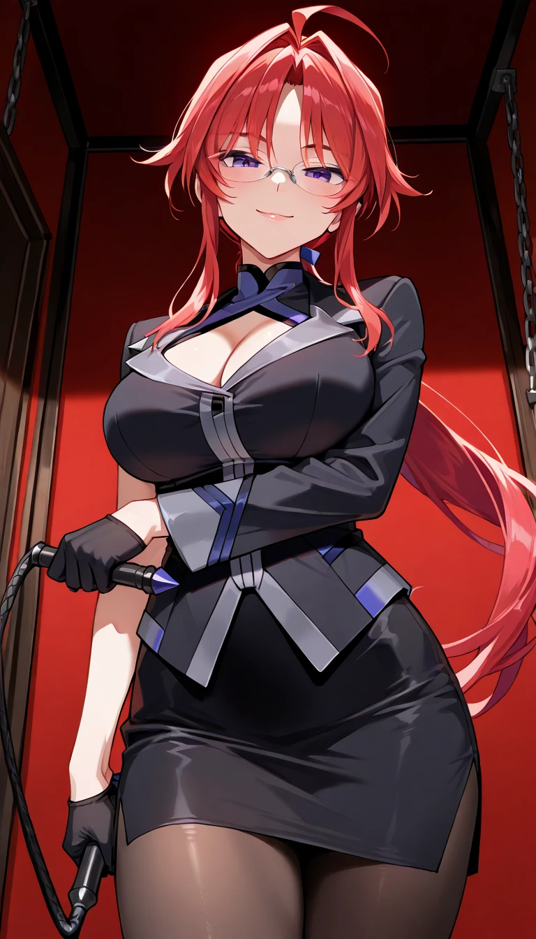 1girl, makima_(chainsaw_man), nurse_cap, stethoscope, red_hair, nurse, breasts, solo, underwear, hat, thighhighs, gloves, yellow_eyes, looking_at_viewer, garter_straps, ringed_eyes, smile, large_breasts, elbow_gloves, bra, panties, thighs, alternate_costume, dress, braided_ponytail, from_below, holding, black_bra