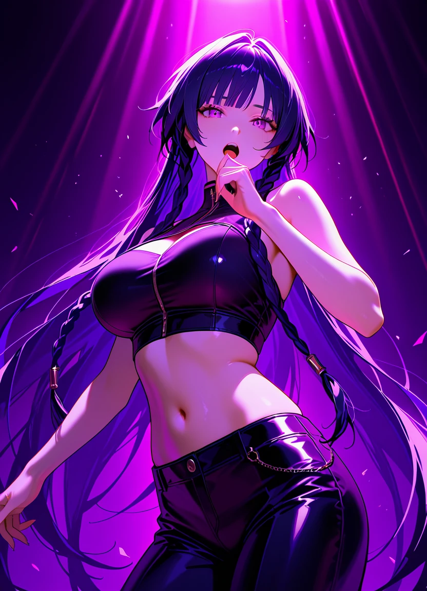 masterpiece,extremely detailed,1girl,solo,zoom in on armpit,detailed close up on bedazzling magenta eye looking at you, detailed close up on serious eye, detailed close up on intense gaze, magnificent long black hair covering one eye, adjusting magnificent hair with hand,sexy stretch,armpit,muscular,muscular arms,biceps,black tank top, black neon city, dramatic rainstorm, black tank top,cinematic glitter,cinematic sparkles,nighttime,one eye covered,cinematic glitter,high res,4K,high quality,trending on pixiv