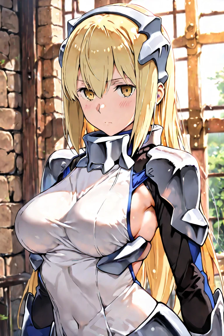 LeinaQuiron woman, 1girl, solo, breasts, blush, blue eyes, blonde hair, large breasts, cleavage, braid, hairband, armor, twin braids, side braid, short hair with long locks, buckle, shield BREAK (masterpiece, best quality:1.3), 4k, ultra-detailed, trending in pixiv, detailed background, detailed eyes, BREAK (amidst the paddy field, countryside, scenery:1.4), BREAK (upper body, seductive pose:1.3), panic, (sweat, shiny skin:1.3)