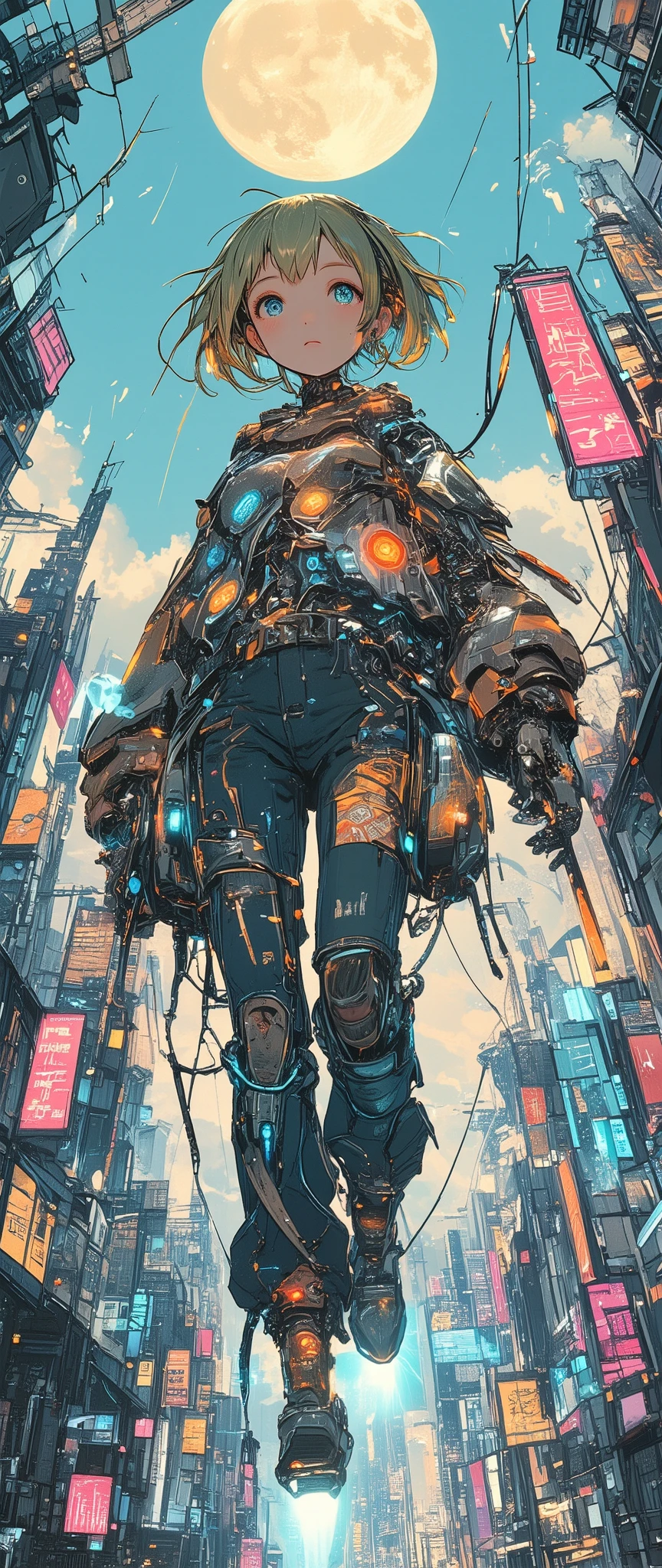 Cyberpunk neo-futurism, hyper-detailed biomechanical realism, post-human aesthetics,
full-body portrait of a cybernetically enhanced humanoid,
Hair: gradient gold-to-black short hair with nanofiber texture,  
Eyes: bionic left eye with glowing cyan iris (hexagonal aperture), right human eye with razor-sharp gaze,  
Torso: aerodynamic dark-gray exoskeleton with hydraulic muscle simulation lines ,
 Propulsion: dual plasma thrusters emitting ionized cobalt-blue flames,  
Limbs: damaged denim jeans with exposed cybernetic knee joints, photon-charged robotic hand emitting particle beams,
neural interface ports glowing along spine, holographic damage indicators floating near shrapnel wounds, 
ceramic-composite armor with stress fracture patterns, EMP-resistant circuit veins pulsing under skin,
dystopian megacity skyline with neon Chinese calligraphy holograms, acid rain cutting through smog layers,
volumetric triple-point lighting: cyan plasma core + magenta neon pollution + cold white moonbeam,
low-angle dynamic levitation shot with 0.8x anamorphic lens compression,
Masamune Shirow's biomechanical precision × Jamie Hewlett's punk energy × Ilya Kuvshinov's facial expressions