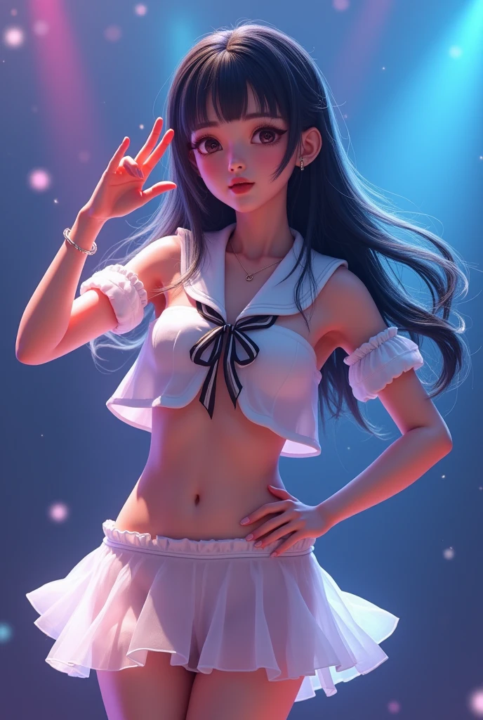 ultra cute girl、。.3D、softfocus、tchibi、simple background、a navel、White mini skirt、Blue sun visor、ssmile