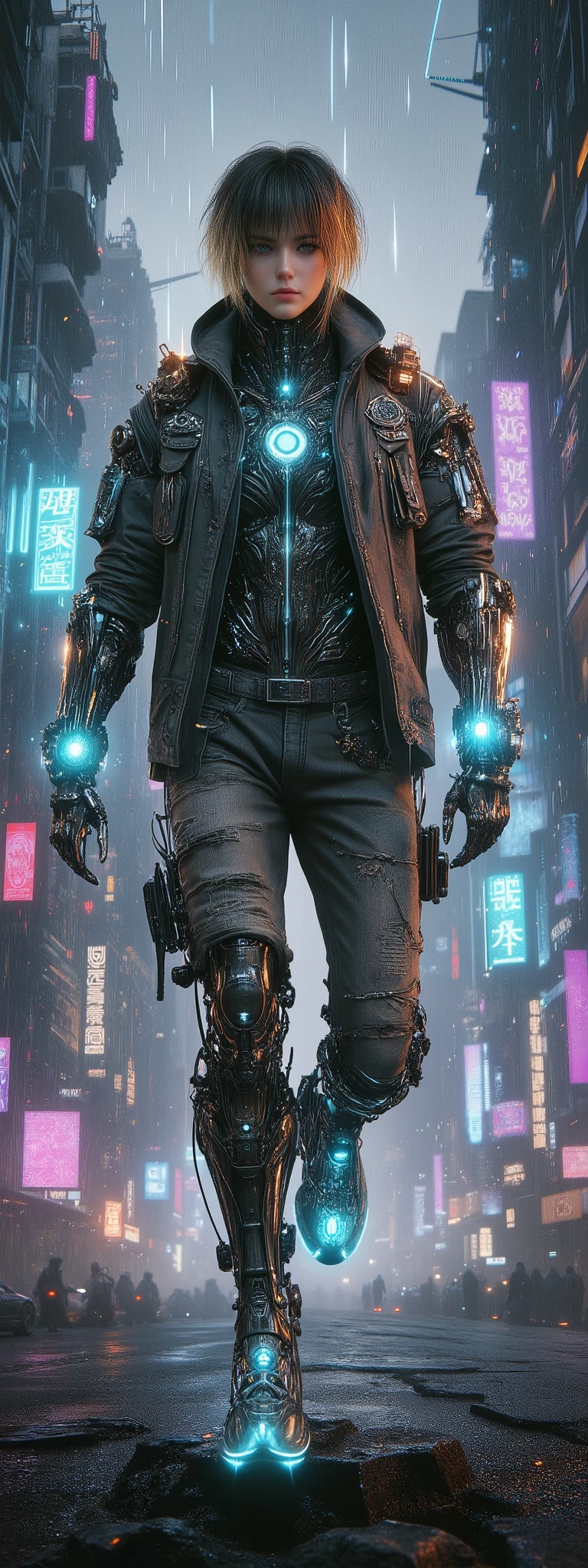 Cyberpunk neo-futurism, hyper-detailed biomechanical realism, post-human aesthetics,
full-body portrait of a cybernetically enhanced humanoid,
Hair: gradient gold-to-black short hair with nanofiber texture,
Eyes: bionic left eye with glowing cyan iris (hexagonal aperture), right human eye with razor-sharp gaze,
Torso: aerodynamic dark-gray exoskeleton with hydraulic muscle simulation lines ,
Propulsion: dual plasma thrusters emitting ionized cobalt-blue flames,
Limbs: damaged denim jeans with exposed cybernetic knee joints, photon-charged robotic hand emitting particle beams,
neural interface ports glowing along spine, holographic damage indicators floating near shrapnel wounds,
ceramic-composite armor with stress fracture patterns, EMP-resistant circuit veins pulsing under skin,
dystopian megacity skyline with neon Chinese calligraphy holograms, acid rain cutting through smog layers,
volumetric triple-point lighting: cyan plasma core + magenta neon pollution + cold white moonbeam,
low-angle dynamic levitation shot with 0.8x anamorphic lens compression,
Masamune Shirow's biomechanical precision × Jamie Hewlett's punk energy × Ilya Kuvshinov's facial expressions