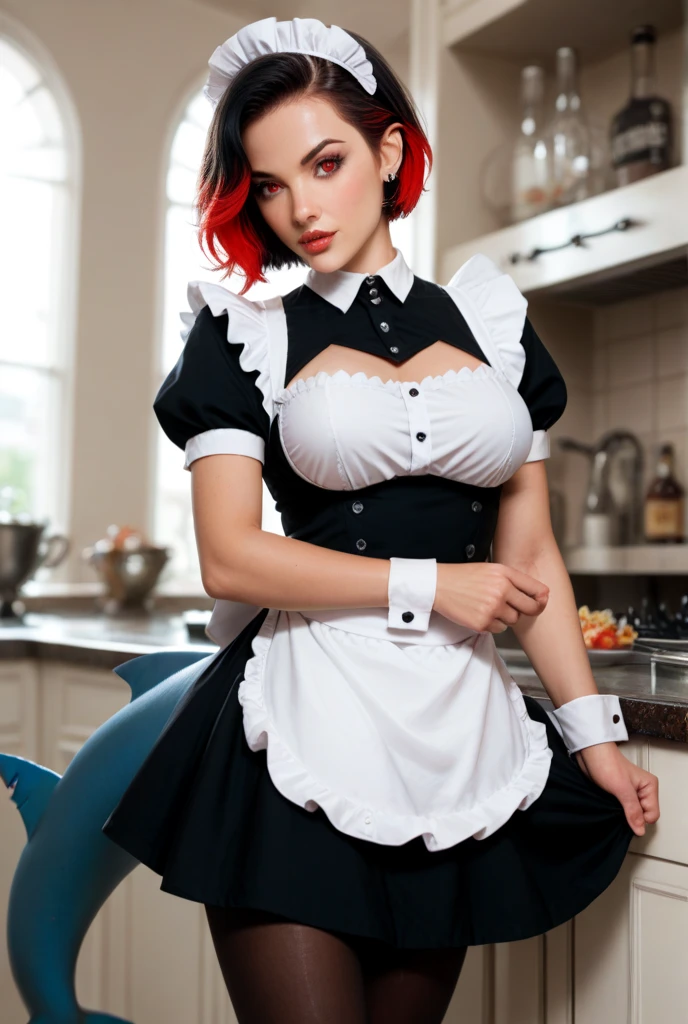 (masterpiece), best quality, expressive eyes, perfect face, (mansion background), (standing), (closeup view), (smirk), (1girl, Scarlett Johansson face, fair skin, freckles, red hair, braid hairstyle, green eyes, thin body, skinny body, petite_body, small breasts, wide hips, thick thighs, black and white french maid dress, short sleeve, exposed cleavage, black and white french maid hat, white gloves, white stockings, black heels),