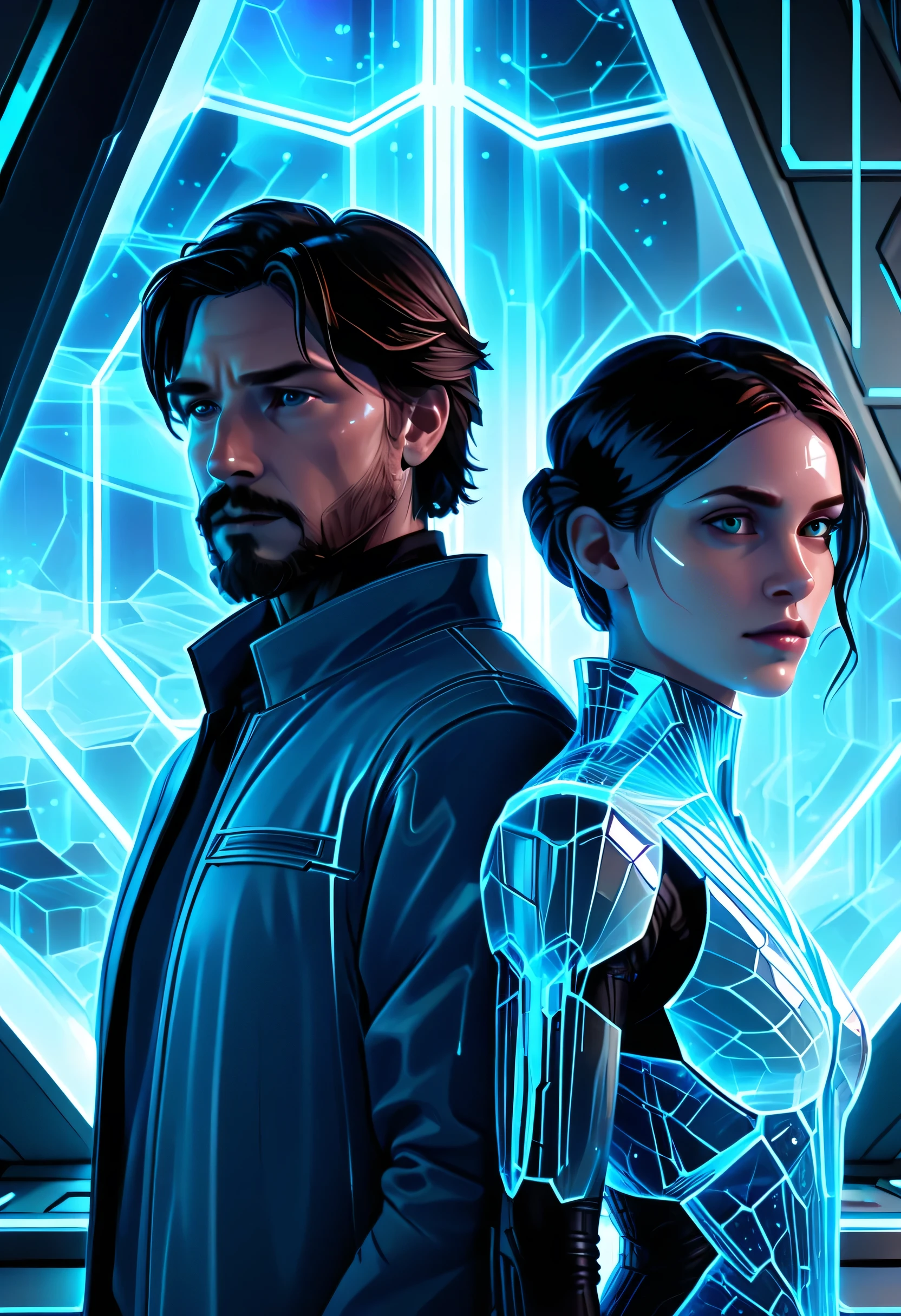 Aeryn Vex and Cassian in a futuristic laboratory with a blue tint Aeryn working intensely at a console with glowing screens Cassian offering support unstable quartz crystals emitting light capturing the mood of determination and worry Illustration digital art sharp lines vibrant colors graphic novel style, (((book cover))) --ar 16:9 --niji