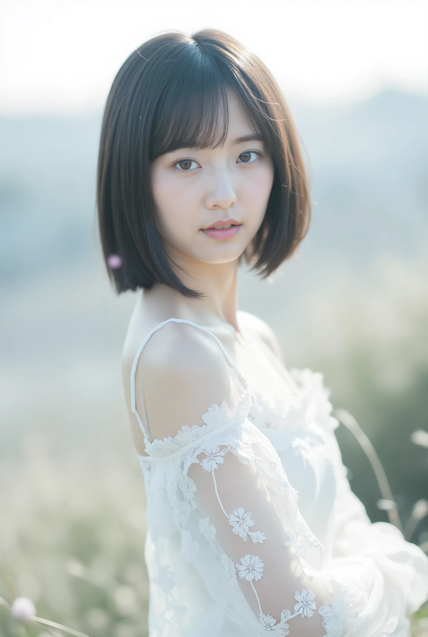 Create an image of a fair-skinned Japanese girl with short-length straight hair stands gracefully in a 'White Cinderella' costume. The composition captures her in a knee-length pose against a blurred background that resembles a white fantasy world, with a distant horizon. Artistic light leaks and chromatic aberration enhance the ethereal atmosphere, all framed from a dynamic angle.