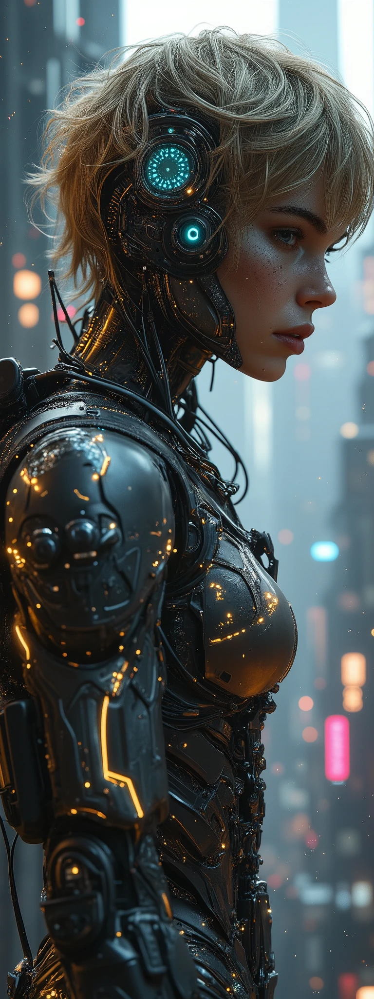 Cyberpunk neo-futurism, hyper-detailed biomechanical realism, post-human aesthetics,
full-body portrait of a cybernetically enhanced humanoid,
Hair: gradient gold-to-black short hair with nanofiber texture,  
Eyes: bionic left eye with glowing cyan iris (hexagonal aperture), right human eye with razor-sharp gaze,  
Torso: aerodynamic dark-gray exoskeleton with hydraulic muscle simulation lines ,
 Propulsion: dual plasma thrusters emitting ionized cobalt-blue flames,  
Limbs: damaged denim jeans with exposed cybernetic knee joints, photon-charged robotic hand emitting particle beams,
neural interface ports glowing along spine, holographic damage indicators floating near shrapnel wounds, 
ceramic-composite armor with stress fracture patterns, EMP-resistant circuit veins pulsing under skin,
dystopian megacity skyline with neon Chinese calligraphy holograms, acid rain cutting through smog layers,
volumetric triple-point lighting: cyan plasma core + magenta neon pollution + cold white moonbeam,
low-angle dynamic levitation shot with 0.8x anamorphic lens compression,
Masamune Shirow's biomechanical precision × Jamie Hewlett's punk energy × Ilya Kuvshinov's facial expressions