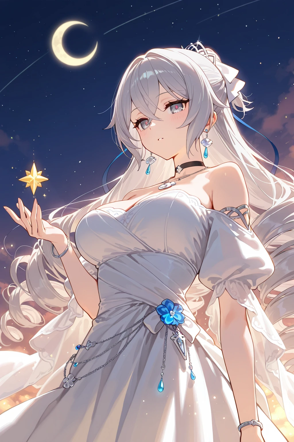 1人、Masterpiece、top-quality、Delicate and beautiful、white hair、Beautiful and delicate long hair、Long veil、爆乳、Delicate and beautiful white lace dress、Bejeweled dress、Beautiful garnet-colored eyes、Enchanted breasts、Enchanted thighs、Delicate and beautiful flower garden、It's snowing in the shimmering snow、moonlight、nigh sky、Beautiful lace ribbon、Ephemeral atmosphere、Gentle expression、Delicate and fine、4K、high-level image quality