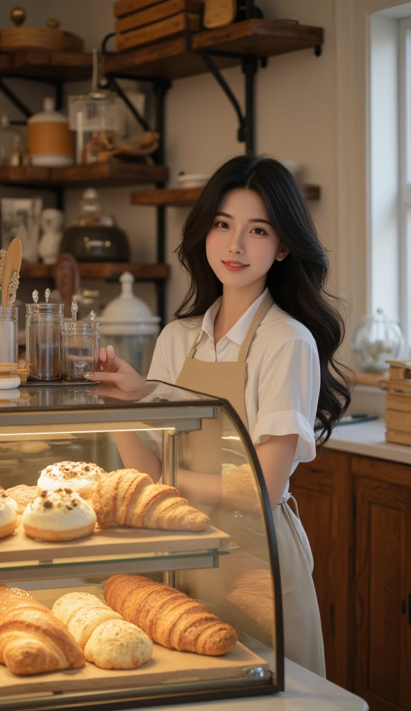 The interior of the bakery. The beautiful female boss greets customers with a smile in a space that smells like bread {x} I'm doing it. She has long wavy hair, and, wearing an apron. The glass display case has a freshly baked croissant, baguette , Full of muffins and the like. The sun shines softly through the window,, The interior of the store creates a warm atmosphere with wooden furniture and antique decorations.. feels cozy and nostalgic. beautiful and finely depicted body and face, ideal body , big , My back is tight, Detailed thighs, beautifully depicted eyes, Beautifully depicted mouth, Flowing Black Hair , (best quality,4K,8k,high resolution,걸작:1.2),Ultra Detailed,(realistic,photorealistic,photo-realistic:1.37), (Anatomically accurate body structure:1.4), intricate details, Dynamic Pose, dramatic lighting, bright colors, delicate costume texture , emotional expression